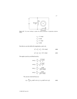 217
© 2000 CRC Press LLC
Figure 6.15 Two stator windings to explain the starting mechanism of single-phase induction
motors.
ψ
sin
1+
=
r
f
a
ψ
cos
=
i
f
a
ψ
sin
1−
=
r
b
a
ψ
cos
=
i
b
a
Note that we can also define the magnitudes af and ab by
)
sin
1
(
2
2
2
2
ψ
+
=
+
=
r
f
r
f
f a
a
a (6.80)
)
sin
1
(
2
2
2
2
ψ
−
=
+
=
r
b
r
b
b a
a
a (6.81)
The angles αf and αb are defined next by
2
sin
1
cos
ψ
α
+
=
=
f
r
f
f
a
a
2
sin
1
cos
ψ
α
−
=
=
b
r
b
b
a
a
)
sin
1
(
2
cos
sin
ψ
ψ
α
+
=
=
f
i
f
f
a
a
)
sin
1
(
2
cos
sin
ψ
ψ
α
−
=
=
b
i
b
b
a
a
We can now write the flux φP as
)]
cos(
)
cos(
[
2
b
b
f
f
M
P t
a
t
a α
ω
θ
α
ω
θ
φ
φ −
+
+
+
−
= (6.82)
 