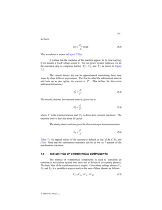 234
© 2000 CRC Press LLC
we have
t
Z
E
t
i m
ω
sin
)
( = (7.3)
This waveform is shown in Figure 7.2(b).
It is clear that the reactance of the machine appears to be time-varying,
if we assume a fixed voltage source E. For our power system purposes, we let
the reactance vary in a stepwise fashion d
X ′
′ , d
X′ , and d
X as shown in Figure
7.3.
The current history i(t) can be approximated considering three time
zones by three different expressions. The first is called the subtransient interval
and lasts up to two cycles, the current is I ′
′ . This defines the direct-axis
subtransient reactance:
I
E
Xd
′
′
=
′
′ (7.4)
The second, denoted the transient interval, gives rise to
I
E
Xd
′
=
′ (7.5)
where I′ is the transient current and d
X′ is direct-axis transient reactance. The
transient interval lasts for about 30 cycles.
The steady-state condition gives the direct-axis synchronous reactance:
I
E
Xd = (7.6)
Table 7.1 list typical values of the reactances defined in Eqs. (7.4), (7.5), and
(7.6). Note that the subtransient reactance can be as low as 7 percent of the
synchronous reactance.
7.3 THE METHOD OF SYMMETRICAL COMPONENTS
The method of symmetrical components is used to transform an
unbalanced three-phase system into three sets of balanced three-phase phasors.
The basic idea of the transformations is simple. Given three voltage phasors VA,
VB, and VC, it is possible to express each as the sum of three phasors as follows:
0
A
A
A
A V
V
V
V +
+
= −
+ (7.7)
 