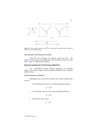 245
© 2000 CRC Press LLC
Figure 7.14 Zero Sequence Equivalent Circuit for a Three-Phase Transformer Bank Connected in
Wye-Wye with Neutrals Grounded.
Wye-wye Bank, Both Neutrals Grounded
With both wyes grounded, zero sequence current can flow. The
presence of the current in one winding means that secondary current exists in the
other. Figure 7.14 illustrates the situation.
Sequence Impedances for Synchronous Machines
For a synchronous machine, sequence impedances are essentially
reactive. The positive, negative, and zero sequence impedances have in general
different values.
Positive Sequence Impedance
Depending on the time interval of interest, one of three reactances may
be used:
1. For the subtransient interval, we use the subtransient reactance:
d
X
j
Z ′
′
=
+
2. For the transient interval, we use the corresponding reactance:
d
X
j
Z ′
=
+
3. In the steady state, we have
d
jX
Z =
+
 