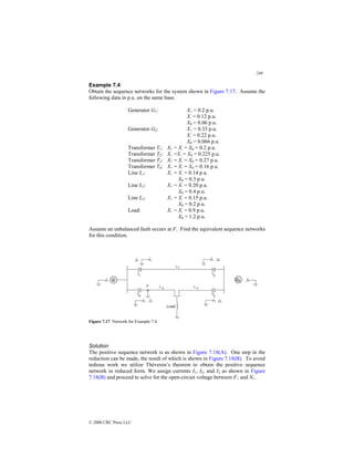 248
© 2000 CRC Press LLC
Example 7.4
Obtain the sequence networks for the system shown in Figure 7.17. Assume the
following data in p.u. on the same base.
Generator G1: X+ = 0.2 p.u.
X- = 0.12 p.u.
X0 = 0.06 p.u.
Generator G2: X+ = 0.33 p.u.
X- = 0.22 p.u.
X0 = 0.066 p.u.
Transformer T1: X+ = X- = X0 = 0.2 p.u.
Transformer T2: X+ =X- = X0 = 0.225 p.u.
Transformer T3: X+ = X- = X0 = 0.27 p.u.
Transformer T4: X+ = X- = X0 = 0.16 p.u.
Line L1: X+ = X- = 0.14 p.u.
X0 = 0.3 p.u.
Line L2: X+ = X- = 0.20 p.u.
X0 = 0.4 p.u.
Line L3: X+ = X- = 0.15 p.u.
X0 = 0.2 p.u.
Load: X+ = X- = 0.9 p.u.
X0 = 1.2 p.u.
Assume an unbalanced fault occurs at F. Find the equivalent sequence networks
for this condition.
Figure 7.17 Network for Example 7.4.
Solution
The positive sequence network is as shown in Figure 7.18(A). One step in the
reduction can be made, the result of which is shown in Figure 7.18(B). To avoid
tedious work we utilize Thévenin’s theorem to obtain the positive sequence
network in reduced form. We assign currents I1, I2, and I3 as shown in Figure
7.18(B) and proceed to solve for the open-circuit voltage between F+ and N+.
 