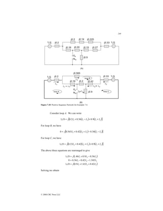 249
© 2000 CRC Press LLC
Figure 7.18 Positive Sequence Network for Example 7.4.
Consider loop A. We can write
( ) ( )
[ ]
2
1
3
1
1 9
.
0
36
.
0
2
.
0
0
1 I
I
I
I
I
j +
+
−
+
=
∠
For loop B, we have
( ) ( )
[ ]
3
1
3
2
3 36
.
0
42
.
0
565
.
0
0 I
I
I
I
I
j −
−
+
+
=
For loop C, we have
( ) ( )
[ ]
2
1
3
2
2 9
.
0
42
.
0
33
.
0
0
1 I
I
I
I
I
j +
+
+
+
=
∠
The above three equations are rearranged to give
( )
( )
3
2
1
3
2
1
3
2
1
42
.
0
65
.
1
9
.
0
0
1
345
.
1
42
.
0
36
.
0
0
36
.
0
9
.
0
46
.
1
0
1
I
I
I
j
I
I
I
I
I
I
j
+
+
=
∠
−
−
=
−
+
=
∠
Solving we obtain
 