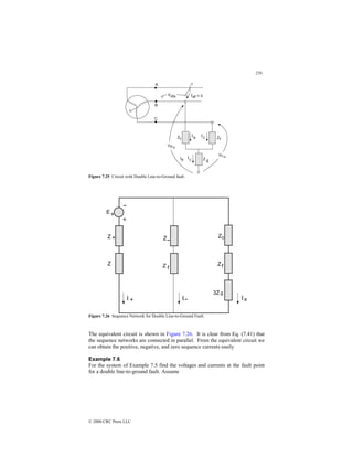 259
© 2000 CRC Press LLC
Figure 7.25 Circuit with Double Line-to-Ground fault.
Figure 7.26 Sequence Network for Double Line-to-Ground Fault.
The equivalent circuit is shown in Figure 7.26. It is clear from Eq. (7.41) that
the sequence networks are connected in parallel. From the equivalent circuit we
can obtain the positive, negative, and zero sequence currents easily
Example 7.6
For the system of Example 7.5 find the voltages and currents at the fault point
for a double line-to-ground fault. Assume
 