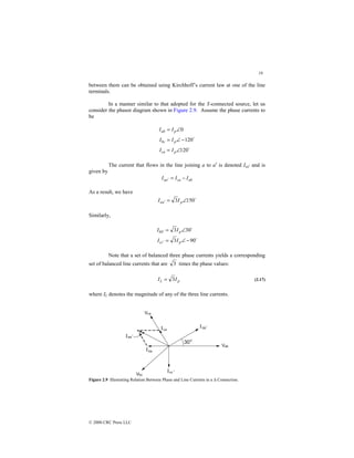 19
© 2000 CRC Press LLC
between them can be obtained using Kirchhoff’s current law at one of the line
terminals.
In a manner similar to that adopted for the Y-connected source, let us
consider the phasor diagram shown in Figure 2.9. Assume the phase currents to
be
$
$
120
120
0
∠
=
−
∠
=
∠
=
p
ca
p
bc
p
ab
I
I
I
I
I
I
The current that flows in the line joining a to a′ is denoted Iaa′ and is
given by
ab
ca
a
a I
I
I −
=
′
As a result, we have
$
150
3 ∠
=
′ p
a
a I
I
Similarly,
$
$
90
3
30
3
−
∠
=
∠
=
′
′
p
c
c
p
b
b
I
I
I
I
Note that a set of balanced three phase currents yields a corresponding
set of balanced line currents that are 3 times the phase values:
p
L I
I 3
= (2.17)
where IL denotes the magnitude of any of the three line currents.
Figure 2.9 Illustrating Relation Between Phase and Line Currents in a ∆ Connection.
 
