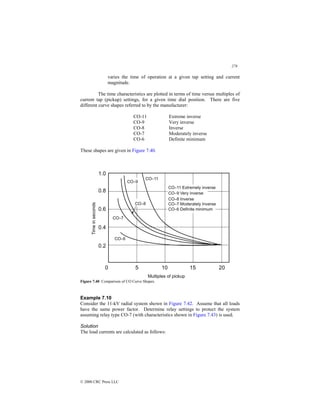 278
© 2000 CRC Press LLC
varies the time of operation at a given tap setting and current
magnitude.
The time characteristics are plotted in terms of time versus multiples of
current tap (pickup) settings, for a given time dial position. There are five
different curve shapes referred to by the manufacturer:
CO-11 Extreme inverse
CO-9 Very inverse
CO-8 Inverse
CO-7 Moderately inverse
CO-6 Definite minimum
These shapes are given in Figure 7.40.
Figure 7.40 Comparison of CO Curve Shapes.
Example 7.10
Consider the 11-kV radial system shown in Figure 7.42. Assume that all loads
have the same power factor. Determine relay settings to protect the system
assuming relay type CO-7 (with characteristics shown in Figure 7.43) is used.
Solution
The load currents are calculated as follows:
 