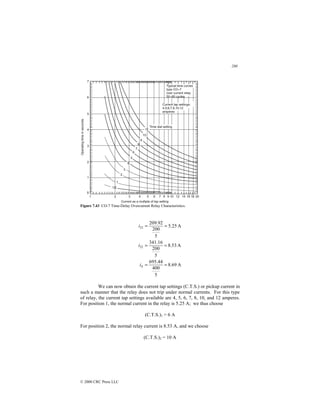 280
© 2000 CRC Press LLC
Figure 7.43 CO-7 Time-Delay Overcurrent Relay Characteristics.
A
69
.
8
5
400
44
.
695
A
53
.
8
5
200
16
.
341
A
25
.
5
5
200
92
.
209
32
21
=
=
=
=
=
=
S
i
i
i
We can now obtain the current tap settings (C.T.S.) or pickup current in
such a manner that the relay does not trip under normal currents. For this type
of relay, the current tap settings available are 4, 5, 6, 7, 8, 10, and 12 amperes.
For position 1, the normal current in the relay is 5.25 A; we thus choose
(C.T.S.)1 = 6 A
For position 2, the normal relay current is 8.53 A, and we choose
(C.T.S.)2 = 10 A
 