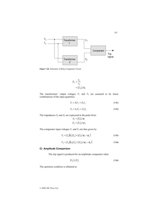 285
© 2000 CRC Press LLC
Figure 7.46 Schematic of Relay Comparator Circuit.
L
L
L
L
L
Z
I
V
Z
φ
∠
=
=
The transformers’ output voltages V1 and V2 are assumed to be linear
combinations of the input quantities
L
L I
Z
V
k
V 1
1
1 +
= (7.51)
L
L I
Z
V
k
V 2
2
2 +
= (7.52)
The impedances Z1 and Z2 are expressed in the polar form:
2
2
2
1
1
1
ψ
ψ
∠
=
∠
=
Z
Z
Z
Z
The comparator input voltages V1 and V2 are thus given by
( )
L
L
L Z
Z
k
I
V φ
ψ −
∠
+
= 1
1
1
1 (7.53)
( )
L
L
L Z
Z
k
I
V φ
ψ −
∠
+
= 2
2
2
2 (7.54)
C) Amplitude Comparison
The trip signal is produced for an amplitude comparator when
1
2 V
V ≥ (7.55)
The operation condition is obtained as
 