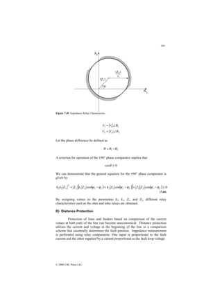288
© 2000 CRC Press LLC
Figure 7.49 Impedance Relay Characteristic.
2
2
2
1
1
1
θ
θ
∠
=
∠
=
V
V
V
V
Let the phase difference be defined as
2
1 θ
θ
θ −
=
A criterion for operation of the ±90° phase comparator implies that
0
cos ≥
θ
We can demonstrate that the general equation for the ±90° phase comparator is
given by
( ) ( )
[ ] ( ) 0
cos
cos
cos 1
2
1
1
1
2
1
2
1
2
2
2 ≥
−
+
−
+
−
+ L
L
L
L
L Z
Z
Z
k
Z
k
Z
Z
k
k φ
ψ
φ
ψ
φ
ψ
(7.60)
By assigning values to the parameters k2, k3, Z1, and Z2, different relay
characteristics such as the ohm and mho relays are obtained.
D) Distance Protection
Protection of lines and feeders based on comparison of the current
values at both ends of the line can become uneconomical. Distance protection
utilizes the current and voltage at the beginning of the line in a comparison
scheme that essentially determines the fault position. Impedance measurement
is performed using relay comparators. One input is proportional to the fault
current and the other supplied by a current proportional to the fault loop voltage.
 