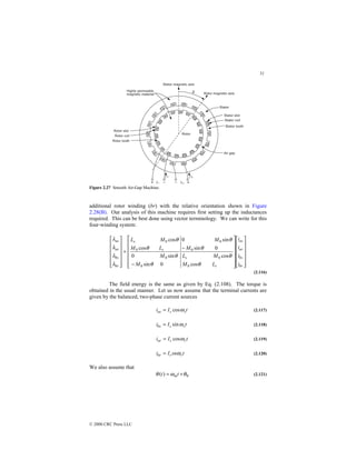 51
© 2000 CRC Press LLC
Figure 2.27 Smooth Air-Gap Machine.
additional rotor winding (br) with the relative orientation shown in Figure
2.28(B). Our analysis of this machine requires first setting up the inductances
required. This can be best done using vector terminology. We can write for this
four-winding system:




























−
−
=














br
bs
ar
as
r
s
r
s
br
bs
ar
as
i
i
i
i
L
M
M
L
M
M
M
M
L
M
M
L
cos
cos
0
sin
sin
0
0
sin
sin
0
cos
cos
0
0
0
0
0
0
0
0
θ
θ
θ
θ
θ
θ
θ
θ
λ
λ
λ
λ
(2.116)
The field energy is the same as given by Eq. (2.108). The torque is
obtained in the usual manner. Let us now assume that the terminal currents are
given by the balanced, two-phase current sources
t
I
i s
s
as ω
cos
= (2.117)
t
I
i s
s
bs ω
sin
= (2.118)
t
I
i r
r
ar ω
cos
= (2.119)
t
sn
I
i r
r
br ω
= (2.120)
We also assume that
0
)
( θ
ω
θ +
= t
t m (2.121)
 