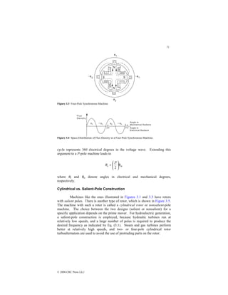 71
© 2000 CRC Press LLC
Figure 3.3 Four-Pole Synchronous Machine.
Figure 3.4 Space Distribution of Flux Density in a Four-Pole Synchronous Machine.
cycle represents 360 electrical degrees in the voltage wave. Extending this
argument to a P-pole machine leads to
m
e
P
θ
θ 





=
2
where θe and θm denote angles in electrical and mechanical degrees,
respectively.
Cylindrical vs. Salient-Pole Construction
Machines like the ones illustrated in Figures 3.1 and 3.3 have rotors
with salient poles. There is another type of rotor, which is shown in Figure 3.5.
The machine with such a rotor is called a cylindrical rotor or nonsalient-pole
machine. The choice between the two designs (salient or nonsalient) for a
specific application depends on the prime mover. For hydroelectric generation,
a salient-pole construction is employed, because hydraulic turbines run at
relatively low speeds, and a large number of poles is required to produce the
desired frequency as indicated by Eq. (3.1). Steam and gas turbines perform
better at relatively high speeds, and two- or four-pole cylindrical rotor
turboalternators are used to avoid the use of protruding parts on the rotor.
 