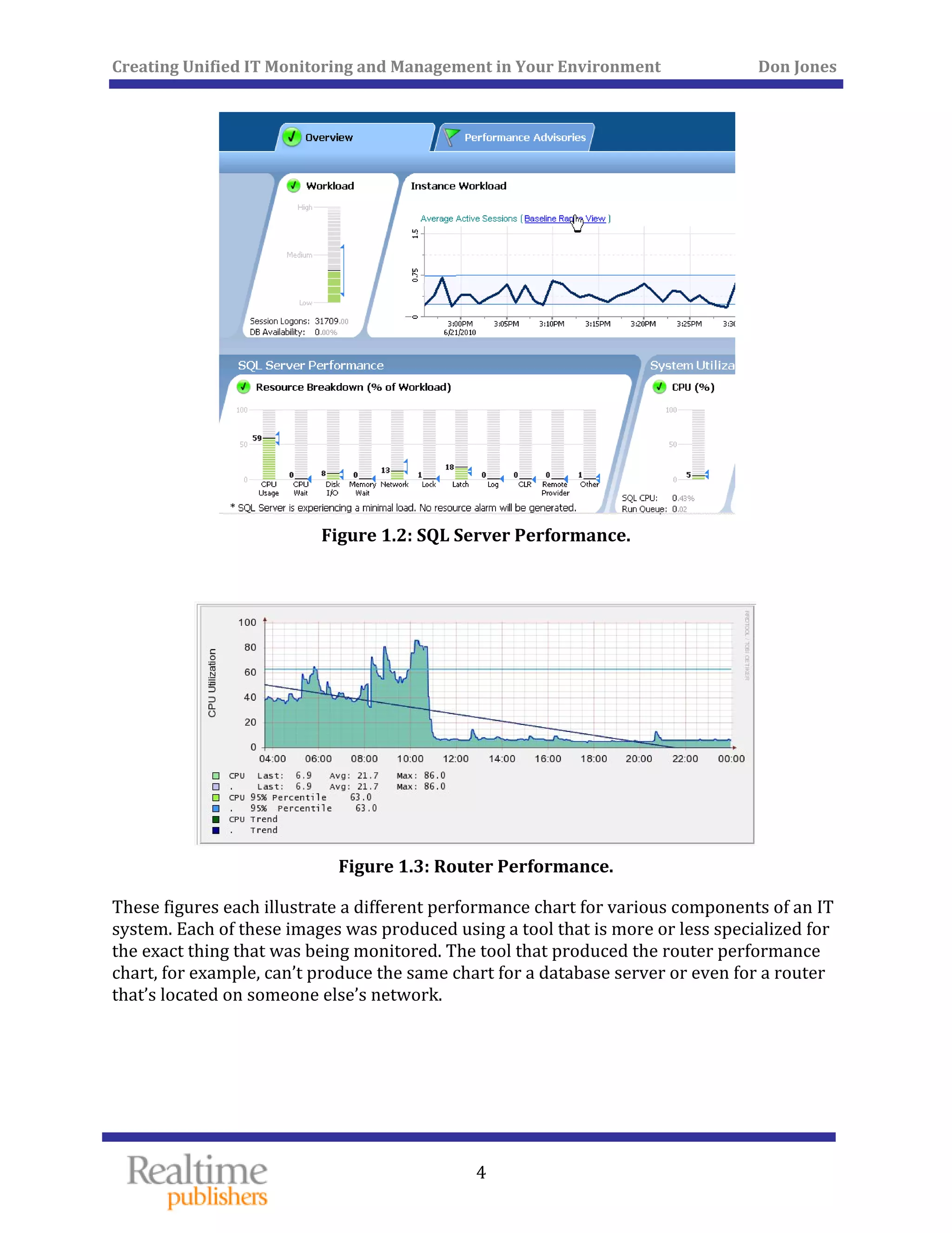Creating Unified IT Monitoring and Management in Your Environment          Don Jones 
 
4
 
Figure 1.2: SQL Server Performance. 
 
 
Figure 1.3: Router Performance. 
These figures each illustrate a different performance chart for various components of an IT 
system. Each of these images was produced using a tool that is more or less specialized for 
the exact thing that was being monitored. The tool that produced the router performance 
chart, for example, can’t produce the same chart for a database server or even for a router 
that’s located on someone else’s network. 
   
 
 