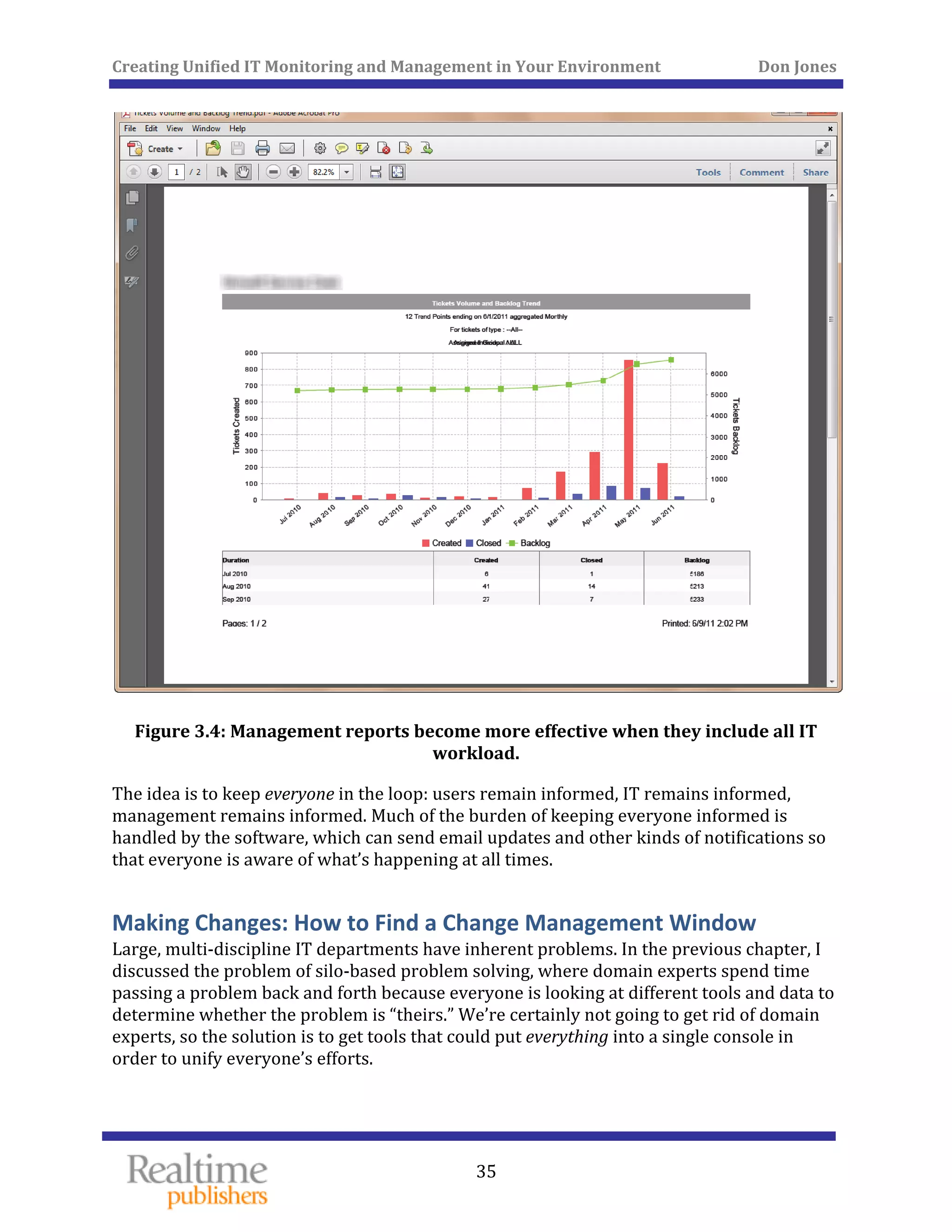 Creating Unified IT Monitoring and Management in Your Environment          Don Jones 
 
35
 
Figure 3.4: Management reports become more effective when they include all IT 
workload. 
The idea is to keep everyone in the loop: users remain informed, IT remains informed, 
management remains informed. Much of the burden of keeping everyone informed is 
handled by the software, which can send email updates and other kinds of notifications so 
that everyone is aware of what’s happening at all times. 
Making Changes: How to Find a Change Management Window 
Large, multi‐discipline IT departments have inherent problems. In the previous chapter, I 
discussed the problem of silo‐based problem solving, where domain experts spend time 
passing a problem back and forth because everyone is looking at different tools and data to 
determine whether the problem is “theirs.” We’re certainly not going to get rid of domain 
experts, so the solution is to get tools that could put everything into a single console in 
order to unify everyone’s efforts. 
 
 