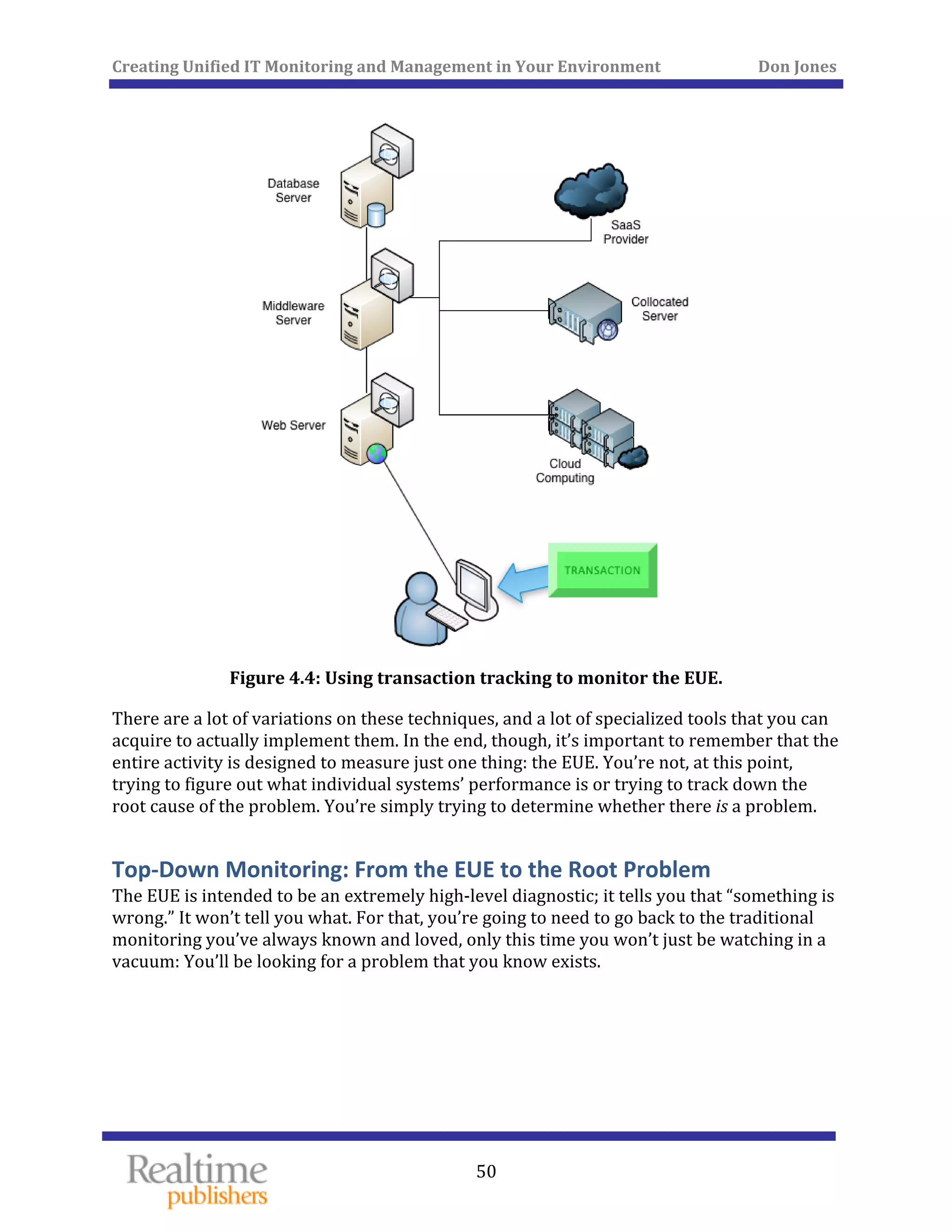 Creating Unified IT Monitoring and Management in Your Environment          Don Jones 
 
50
 
Figure 4.4: Using transaction tracking to monitor the EUE. 
There are a lot of variations on these techniques, and a lot of specialized tools that you can 
acquire to actually implement them. In the end, though, it’s important to remember that the 
entire activity is designed to measure just one thing: the EUE. You’re not, at this point, 
trying to figure out what individual systems’ performance is or trying to track down the 
root cause of the problem. You’re simply trying to determine whether there is a problem. 
Top‐Down Monitoring: From the EUE to the Root Problem 
The EUE is intended to be an extremely high‐level diagnostic; it tells you that “something is 
wrong.” It won’t tell you what. For that, you’re going to need to go back to the traditional 
monitoring you’ve always known and loved, only this time you won’t just be watching in a 
xists. vacuum: You’ll be looking for a problem that you know e
   
 
 