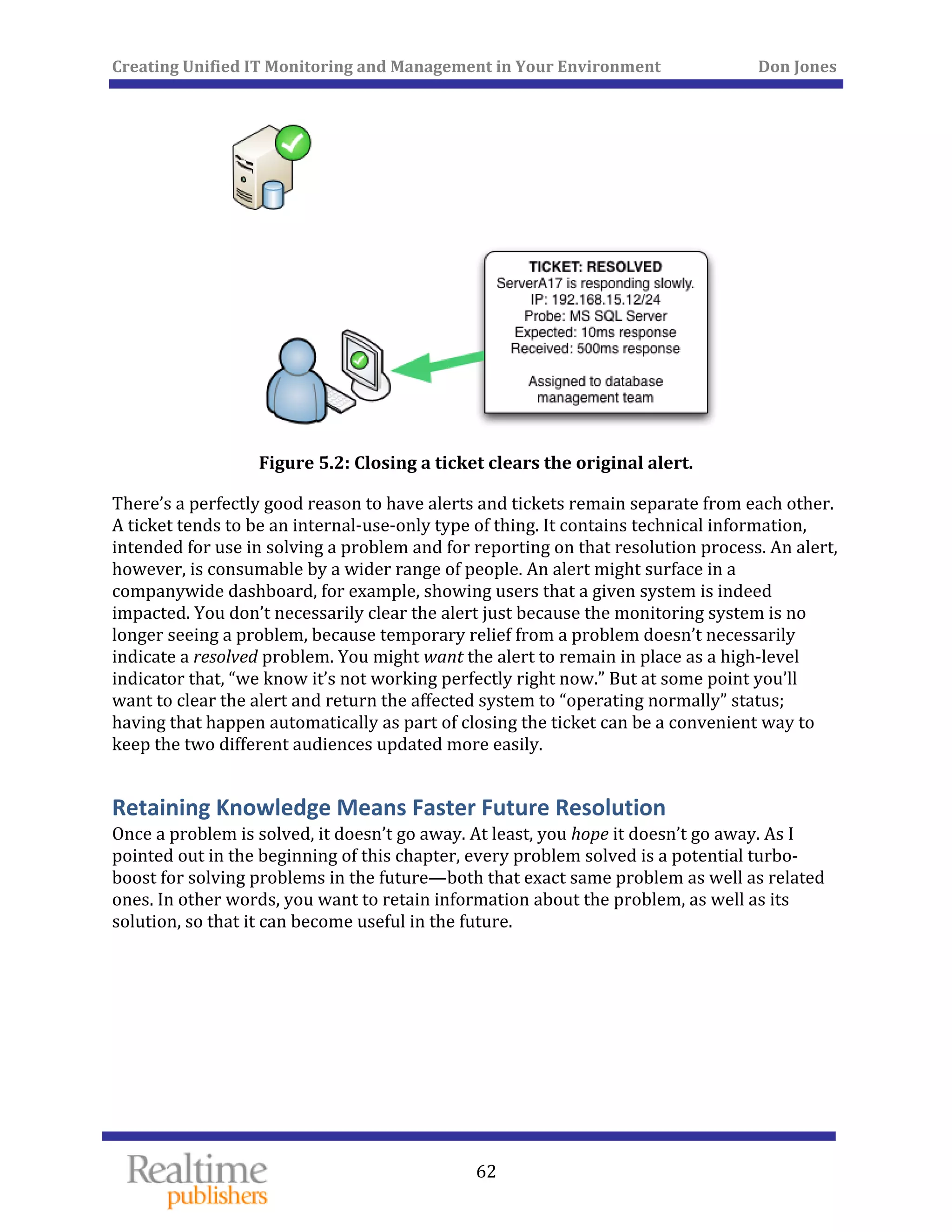 Creating Unified IT Monitoring and Management in Your Environment          Don Jones 
 
62
 
Figure 5.2: Closing a ticket clears the original alert. 
There’s a perfectly good reason to have alerts and tickets remain separate from each other. 
A ticket tends to be an internal‐use‐only type of thing. It contains technical information, 
intended for use in solving a problem and for reporting on that resolution process. An alert, 
however, is consumable by a wider range of people. An alert might surface in a 
companywide dashboard, for example, showing users that a given system is indeed 
impacted. You don’t necessarily clear the alert just because the monitoring system is no 
longer seeing a problem, because temporary relief from a problem doesn’t necessarily 
indicate a resolved problem. You might want the alert to remain in place as a high‐level 
indicator that, “we know it’s not working perfectly right now.” But at some point you’ll 
want to clear the alert and return the affected system to “operating normally” status; 
having that happen automatically as part of closing the ticket can be a convenient way to 
keep the two different audiences updated more easily. 
Retaining Knowledge Means Faster Future Resolution 
Once a problem is solved, it doesn’t go away. At least, you hope it doesn’t go away. As I 
pointed out in the beginning of this chapter, every problem solved is a potential turbo‐
boost for solving problems in the future—both that exact same problem as well as related 
ones. In other words, you want to retain information about the problem, as well as its 
olution, so that it can become useful in the future. s
   
 
 