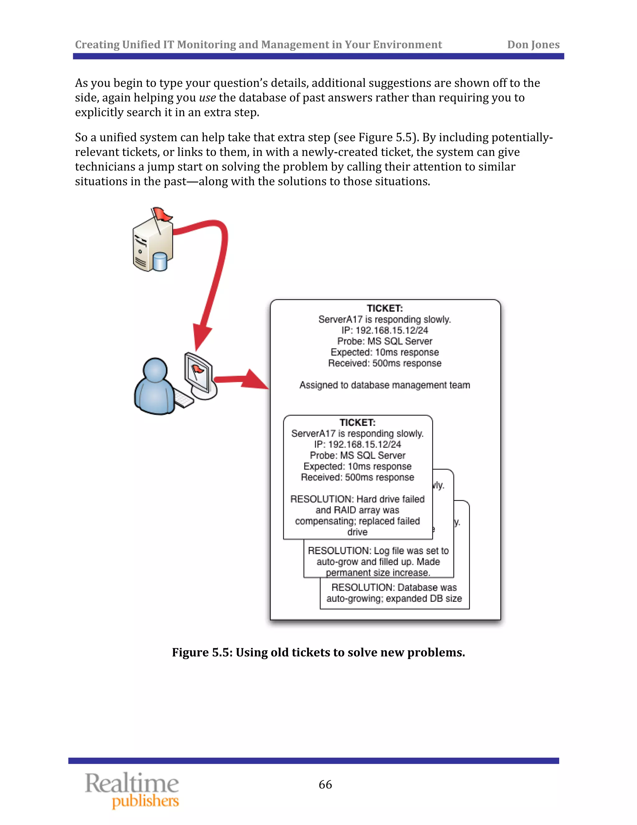 Creating Unified IT Monitoring and Management in Your Environment          Don Jones 
  66
 
As you begin to type your question’s details, additional suggestions are shown off to the 
side, again helping you use the database of past answers rather than requiring you to 
explicitly search it in an extra step. 
So a unified system can help take that extra step (see Figure 5.5). By including potentially‐
relevant tickets, or links to them, in with a newly‐created ticket, the system can give 
technicians a jump start on solving the problem by calling their attention to similar 
situations in the past—along with the solutions to those situations. 
 
Figure 5.5: Using old tickets to solve
   
 new problems. 
 