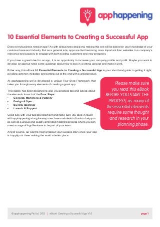 10 Essential Elements to Creating a Successful App
Does every business need an app? As with all business decisions, making this one will be based on your knowledge of your
customer base and industry. But as a general rule, apps are fast becoming more important than websites in a company’s
relevance and capacity to engage with both existing customers and new prospects.
If you have a great idea for an app, it is an opportunity to increase your company profile and profit. Maybe you want to
develop an app but need some guidance about how to lock in a strong concept and make it work.
Either way, this eBook 10 Essential Elements to Creating a Successful App is your shorthand guide to getting it right,
avoiding common mistakes and coming out at the end with a great product.
At apphappening we’ve developed a unique Four Step Framework that
takes you through every elements of creating a great app.
This eBook has been designed to give you practical tips and advice about
the elements in each of the Four Steps:
•	
Concept, Marketing & Viability
•	
Design & Spec
•	
Build & Approval
•	
Launch & Support
Good luck with your app development and make sure you keep in touch
with apphappening along the way – we have a whole lot of tools to help you
as well as a unique and quality controlled matching process where you can
meet a range of AppGeniuses to be part of your team.

Please make sure
you read this eBook
BEFORE YOU START THE
PROCESS, as many of
the essential elements
require some thought
and research in your
planning phase.

And of course, we want to hear all about your success story once your app
is happily out there making the world a better place.

© apphappening Pty Ltd. 2013 | eBook: Creating a Successful App V1.0

page 1

 