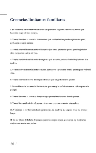 10
Creencias limitantes familiares
1. Yo me libero de la creencia limitante de que si mis ingresos aumentan, tendré que
hacerme cargo de mis suegros.
2. Yo me libero de la creencia limitante de que vender la casa puede suponer un gran
problema con mis padres.
3. Yo me libero del sentimiento de culpa de que a mis padres les pueda pasar algo malo
si yo me dedico a vivir mi vida.
4. Yo me libero del sentimiento de angustia que me crea pensar, en el día que falten mis
padres.
5. Yo me libero del sentimiento de culpa, por querer separarme de mis padres para vivir mi
vida.
6. Yo me libero del exceso de responsabilidad que tengo hacia mis padres.
7. Yo me libero de la creencia limitante de que no soy lo suficientemente valiosa para mis
parejas.
8. Yo me libero de la creencia de que tengo que ser la cuidadora de mis padres.
9. Yo me libero del miedo a fracasar y tener que regresar a casa de mis padres.
10. Yo rompo el cordon umbilical que me ata a mi madre y me impide crear mi propio
hogar.
11. Yo me libero de la falta de empoderamiento como mujer, porque en mi familia las
mujeres no asumen su poder.
 