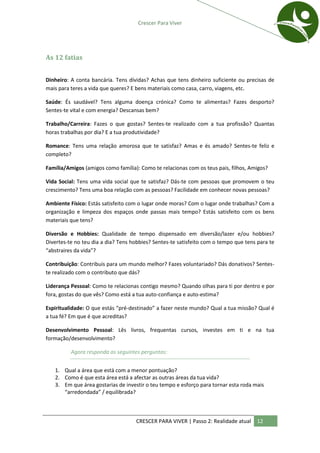 Crescer Para Viver




As 12 fatias


Dinheiro: A conta bancária. Tens dívidas? Achas que tens dinheiro suficiente ou precisas de
mais para teres a vida que queres? E bens materiais como casa, carro, viagens, etc.

Saúde: És saudável? Tens alguma doença crónica? Como te alimentas? Fazes desporto?
Sentes-te vital e com energia? Descansas bem?

Trabalho/Carreira: Fazes o que gostas? Sentes-te realizado com a tua profissão? Quantas
horas trabalhas por dia? E a tua produtividade?

Romance: Tens uma relação amorosa que te satisfaz? Amas e és amado? Sentes-te feliz e
completo?

Família/Amigos (amigos como família): Como te relacionas com os teus pais, filhos, Amigos?

Vida Social: Tens uma vida social que te satisfaz? Dás-te com pessoas que promovem o teu
crescimento? Tens uma boa relação com as pessoas? Facilidade em conhecer novas pessoas?

Ambiente Físico: Estás satisfeito com o lugar onde moras? Com o lugar onde trabalhas? Com a
organização e limpeza dos espaços onde passas mais tempo? Estás satisfeito com os bens
materiais que tens?

Diversão e Hobbies: Qualidade de tempo dispensado em diversão/lazer e/ou hobbies?
Divertes-te no teu dia a dia? Tens hobbies? Sentes-te satisfeito com o tempo que tens para te
“abstraires da vida”?

Contribuição: Contribuis para um mundo melhor? Fazes voluntariado? Dás donativos? Sentes-
te realizado com o contributo que dás?

Liderança Pessoal: Como te relacionas contigo mesmo? Quando olhas para ti por dentro e por
fora, gostas do que vês? Como está a tua auto-confiança e auto-estima?

Espiritualidade: O que estás “pré-destinado” a fazer neste mundo? Qual a tua missão? Qual é
a tua fé? Em que é que acreditas?

Desenvolvimento Pessoal: Lês livros, frequentas cursos, investes em ti e na tua
formação/desenvolvimento?

          Agora responda as seguintes perguntas:


   1. Qual a área que está com a menor pontuação?
   2. Como é que esta área está a afectar as outras áreas da tua vida?
   3. Em que área gostarias de investir o teu tempo e esforço para tornar esta roda mais
      “arredondada” / equilibrada?



                                    CRESCER PARA VIVER | Passo 2: Realidade atual    12
 