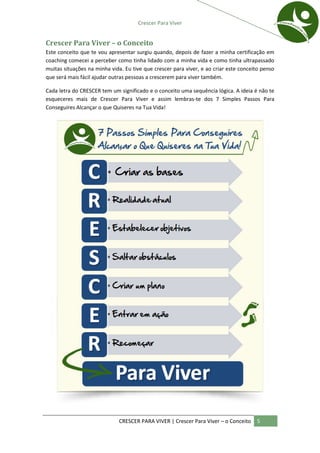 Crescer Para Viver


Crescer Para Viver – o Conceito
Este conceito que te vou apresentar surgiu quando, depois de fazer a minha certificação em
coaching comecei a perceber como tinha lidado com a minha vida e como tinha ultrapassado
muitas situações na minha vida. Eu tive que crescer para viver, e ao criar este conceito penso
que será mais fácil ajudar outras pessoas a crescerem para viver também.

Cada letra do CRESCER tem um significado e o conceito uma sequência lógica. A ideia é não te
esqueceres mais de Crescer Para Viver e assim lembras-te dos 7 Simples Passos Para
Conseguires Alcançar o que Quiseres na Tua Vida!




                              CRESCER PARA VIVER | Crescer Para Viver – o Conceito    5
 