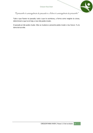 Crescer Para Viver


 “O presente é consequência do passado e o futuro é consequência do presente”

Tudo o que fizeste no passado, tudo o que te aconteceu, a forma como reagiste às coisas,
determinam o que tu és hoje, e isso não podes mudar.

O passado já não podes mudar. Mas se mudares o presente podes mudar o teu futuro. Tu és
dono da tua vida.




                                    CRESCER PARA VIVER | Passo 1: Criar as bases   9
 