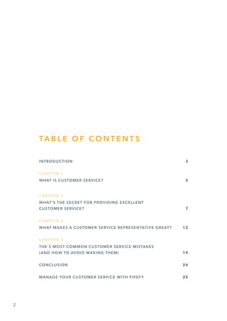 2
TA B L E O F C O N T E N T S
INTRODUCTION	 3
C H A P T E R 1
WHAT IS CUSTOMER SERVICE?	 5
C H A P T E R 2
WHAT’S THE SECRET FOR PROVIDING EXCELLENT
CUSTOMER SERVICE?	 7
C H A P T E R 3
WHAT MAKES A CUSTOMER SERVICE REPRESENTATIVE GREAT?	 13
C H A P T E R 4
THE 5 MOST COMMON CUSTOMER SERVICE MISTAKES
(AND HOW TO AVOID MAKING THEM)	 19
CONCLUSION	 24
MANAGE YOUR CUSTOMER SERVICE WITH PIPEFY	 25
 
