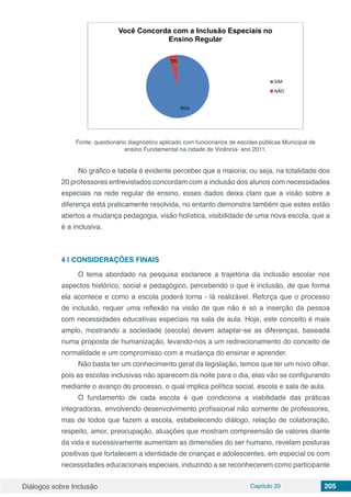 Diálogos sobre Inclusão Capítulo 20 205
Fonte: questionário diagnóstico aplicado com funcionários de escolas públicas Municipal de
ensino Fundamental na cidade de Vicência- ano 2011.
No gráfico e tabela é evidente perceber que a maioria, ou seja, na totalidade dos
20 professores entrevistados concordam com a inclusão dos alunos com necessidades
especiais na rede regular de ensino, esses dados deixa claro que a visão sobre a
diferença está praticamente resolvida, no entanto demonstra também que estes estão
abertos a mudança pedagogia, visão holística, visibilidade de uma nova escola, que a
é a inclusiva.
4 | 	CONSIDERAÇÕES FINAIS
O tema abordado na pesquisa esclarece a trajetória da inclusão escolar nos
aspectos histórico, social e pedagógico, percebendo o que é inclusão, de que forma
ela acontece e como a escola poderá torna - lá realizável. Reforça que o processo
de inclusão, requer uma reflexão na visão de que não é só a inserção da pessoa
com necessidades educativas especiais na sala de aula. Hoje, este conceito é mais
amplo, mostrando a sociedade (escola) devem adaptar-se as diferenças, baseada
numa proposta de humanização, levando-nos a um redirecionamento do conceito de
normalidade e um compromisso com a mudança do ensinar e aprender.
Não basta ter um conhecimento geral da legislação, temos que ter um novo olhar,
pois as escolas inclusivas não aparecem da noite para o dia, elas vão se configurando
mediante o avanço do processo, o qual implica política social, escola e sala de aula.
O fundamento de cada escola é que condiciona a viabilidade das práticas
integradoras, envolvendo desenvolvimento profissional não somente de professores,
mas de todos que fazem a escola, estabelecendo diálogo, relação de colaboração,
respeito, amor, preocupação, atuações que mostram compreensão de valores diante
da vida e sucessivamente aumentam as dimensões do ser humano, revelam posturas
positivas que fortalecem a identidade de crianças e adolescentes, em especial os com
necessidades educacionais especiais, induzindo a se reconhecerem como participante
 