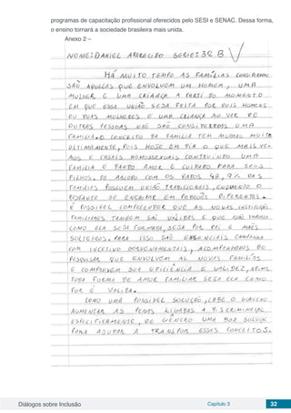 Diálogos sobre Inclusão Capítulo 3 32
programas de capacitação profissional oferecidos pelo SESI e SENAC. Dessa forma,
o ensino tornará a sociedade brasileira mais unida.
Anexo 2 –
 