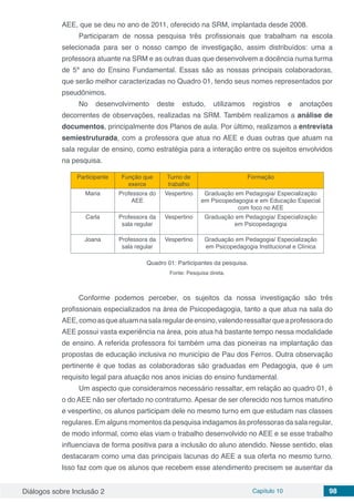 Diálogos sobre Inclusão 2 Capítulo 10 98
AEE, que se deu no ano de 2011, oferecido na SRM, implantada desde 2008.
Participaram de nossa pesquisa três profissionais que trabalham na escola
selecionada para ser o nosso campo de investigação, assim distribuídos: uma a
professora atuante na SRM e as outras duas que desenvolvem a docência numa turma
de 5º ano do Ensino Fundamental. Essas são as nossas principais colaboradoras,
que serão melhor caracterizadas no Quadro 01, tendo seus nomes representados por
pseudônimos.
No desenvolvimento deste estudo, utilizamos registros e anotações
decorrentes de observações, realizadas na SRM. Também realizamos a análise de
documentos, principalmente dos Planos de aula. Por último, realizamos a entrevista
semiestruturada, com a professora que atua no AEE e duas outras que atuam na
sala regular de ensino, como estratégia para a interação entre os sujeitos envolvidos
na pesquisa.
Participante Função que
exerce
Turno de
trabalho
Formação
Maria Professora do
AEE
Vespertino Graduação em Pedagogia/ Especialização
em Psicopedagogia e em Educação Especial
com foco no AEE
Carla Professora da
sala regular
Vespertino Graduação em Pedagogia/ Especialização
em Psicopedagogia
Joana Professora da
sala regular
Vespertino Graduação em Pedagogia/ Especialização
em Psicopedagogia Institucional e Clínica
Quadro 01: Participantes da pesquisa.
Fonte: Pesquisa direta.
Conforme podemos perceber, os sujeitos da nossa investigação são três
profissionais especializados na área de Psicopedagogia, tanto a que atua na sala do
AEE,comoasqueatuamnasalaregulardeensino,valendoressaltarqueaprofessorado
AEE possui vasta experiência na área, pois atua há bastante tempo nessa modalidade
de ensino. A referida professora foi também uma das pioneiras na implantação das
propostas de educação inclusiva no município de Pau dos Ferros. Outra observação
pertinente é que todas as colaboradoras são graduadas em Pedagogia, que é um
requisito legal para atuação nos anos inicias do ensino fundamental.
Um aspecto que consideramos necessário ressaltar, em relação ao quadro 01, é
o do AEE não ser ofertado no contraturno. Apesar de ser oferecido nos turnos matutino
e vespertino, os alunos participam dele no mesmo turno em que estudam nas classes
regulares. Em alguns momentos da pesquisa indagamos às professoras da sala regular,
de modo informal, como elas viam o trabalho desenvolvido no AEE e se esse trabalho
influenciava de forma positiva para a inclusão do aluno atendido. Nesse sentido, elas
destacaram como uma das principais lacunas do AEE a sua oferta no mesmo turno.
Isso faz com que os alunos que recebem esse atendimento precisem se ausentar da
 