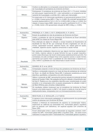 Diálogos sobre Inclusão 3 Capítulo 4 34
Objetivo Analisar as alterações na composição corporal decorrentes de um treinamento
de musculação em portadores da síndrome de Down
Método
Participaram 15 portadores da síndrome de Down (22,1 ± 7,5 anos), divididos
em dois grupos: experimental (G1 = oito) submetidos a um programa de trei-
namento de musculação e controle (G2 = sete) sem intervenção.
Resultado
Foi observada no G1 diminuição significativa no percentual de gordura (-2,0%;
p = 0,036) e massa gorda (MG) (-1,4kg; p = 0,000). Os controles apresentaram
aumento desfavorável no %G (+1,0%; p = 0,043) e MG (+2,0kg, p = 0,004). Em
relação à massa magra (MM), observou-se ganho significativo no G1 (+1,2kg;
p = 0,008); tendo o G2 apresentado redução de MM (-0,8kg; p = 0,003).
Autores/Ano PROENÇA, A. F.; DIAS, C. M. P.; GONÇALVES, E. P. (2012)
Título Estudo da qualidade de vida de portadores da Síndrome de Down
Objetivo avaliar a qualidade de vida de portadores de Síndrome de Down atendidos
pela APAE da cidade de Pouso Alegre-MG.
Método
Para obtenção de dados foi utilizado a versão brasileira do Questionário de
Qualidade de Vida SF-36, que contempla 36 itens englobados em oito do-
mínios: capacidade funcional, aspectos físicos, dor, estado geral de saúde,
vitalidade, aspectos sociais, aspectos emocionais e saúde mental.
Resultado
Nos pacientes analisados observou-se que alguns domínios apresentaram,
em média, maiores valores no grupo feminino do que no grupo masculino,
porém estas diferenças não foram evidenciadas estatisticamente (p>0,05). Foi
constatada uma alta correlação linear entre aspectos sociais e saúde mental,
apontando que quanto maior a qualidade de vida relacionada a aspectos so-
ciais, melhor a qualidade de vida relacionada à saúde mental.
Autores/Ano SOARES, W. D. et al. (2012)
Título Composição corporal e níveis de força dos portadores da Síndrome de Down
Objetivo
Verificar a composição corporal e os níveis de força de portadores da síndrome
de Down, na cidade de Montes Claros-MG. A pesquisa caracterizou-se como
descritiva, quantitativa, comparativa e de corte transversal.
Método
Utilizou o protocolo de IMC, percentual de gordura através do protocolo de duas
dobras de Guedes (1994). Na avaliação da força foi utilizado o dinamômetro digi-
tal Grip-D. Realizou-se uma estatística descritiva para caracterização do grupo
amostral, e na comparação entre os grupos pesquisados foi utilizado o teste U
de Mann-Whitney para amostras independentes
Resultado Os resultados obtidos mostraram que os portadores da síndrome de Down
tiveram uma média superior no IMC e %G, porém a média do nível de força foi
relativamente baixa, comparados com os cromossomicamente normais.
Autores/Ano REIS FILHO, A. D. SCHULLER, J. A. P (2010)
Título A capoeira como instrumento pedagógico no aprimoramento da coordenação
motora de pessoas com Síndrome de Down
Objetivo
Analisar a influência do treinamento de capoeira na coordenação motora,
explorando as valências da motricidade fina, motricidade global e equilíbrio
para as pessoas com deficiência, em especial aquelas com síndrome de
Down (SD).
Método
Foram observadas antes e após a intervenção as seguintes variáveis: motri-
cidade fina (MF), motricidade global (MG) e equilíbrio (EQ). . Os testes foram
realizados na seguinte ordem: motricidade fina, motricidade global e equilíbrio.
 