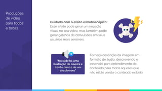 Produções
de vídeo
para todos
e todas.
Cuidado com o efeito estroboscópico!
Esse efeito pode gerar um impacto
visual no seu vídeo, mas também pode
gerar gatilhos de convulsões em seus
usuários mais sensíveis.
Forneça descrição da imagem em
formato de áudio, descrevendo o
essencial para entendimento do
conteúdo para todos aqueles que
não estão vendo o conteúdo exibido.
"No slide há uma
ilustração de caveira e
trovão dentro de um
círculo roxo"
 