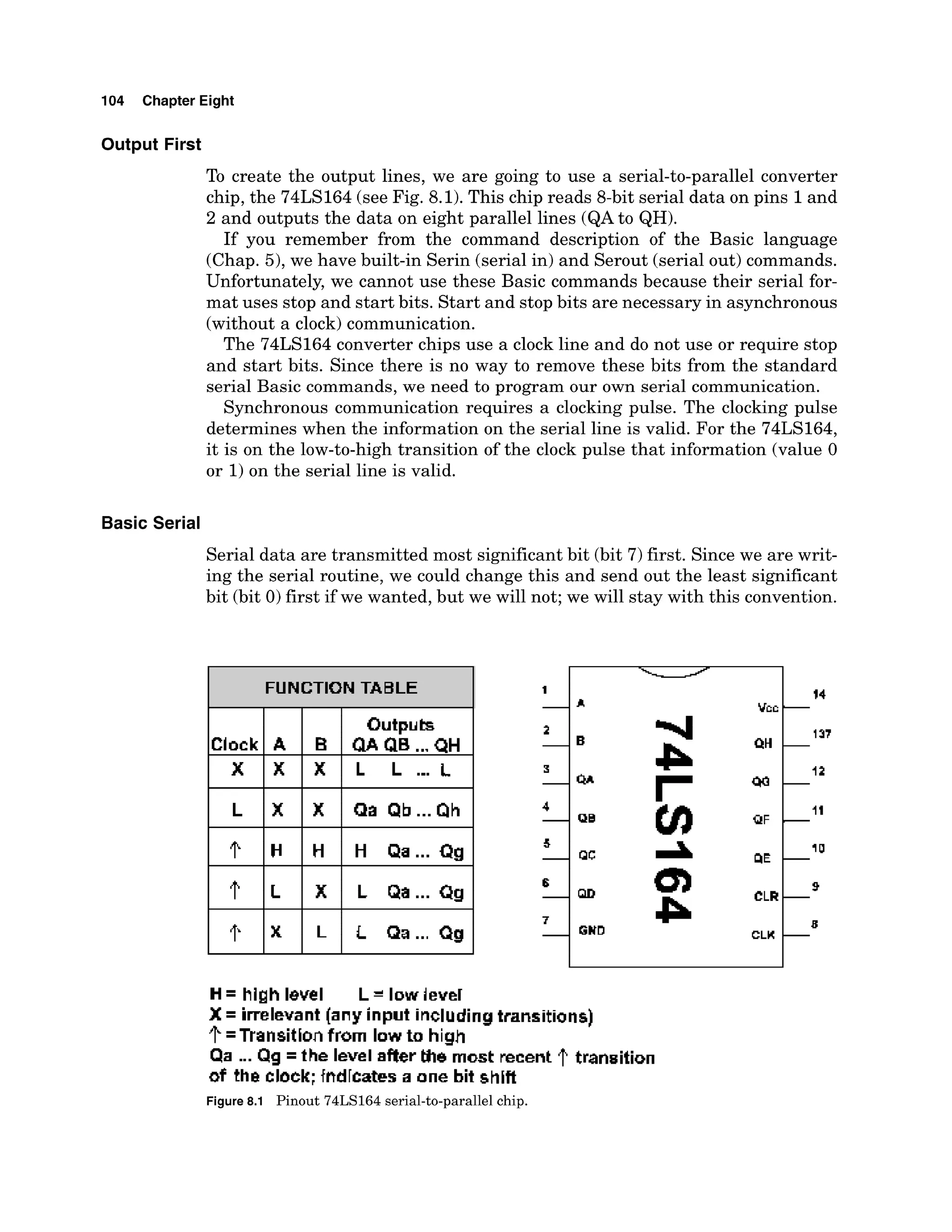 104 Chapter Eight
Output First
To create the output lines, we are going to use a serial-to-parallel converter
chip, the 74LS164 (seeFig. 8.1).This chip reads 8-bit serial data on pins 1and
2 and outputs the data on eight parallel lines (QAto QH).
If you remember from the command description of the Basic language
(Chap. 5),we have built-in Serin (serial in) and Serout (serial out) commands.
Unfortunately, we cannot use these Basic commands because their serial for-
mat uses stop and start bits. Start and stop bits are necessary in asynchronous
(without a clock)communication.
The 74LS164 converter chips use a clock line and do not use or require stop
and start bits. Since there is no way to remove these bits from the standard
serial Basic commands, we need to program our own serial communication.
Synchronous communication requires a clocking pulse. The clocking pulse
determines when the information on the serial line is valid. For the 74LS164,
it is on the low-to-hightransition of the clock pulse that information (value 0
or 1)on the serial line is valid.
Basic Serial
Serial data are transmitted most significant bit (bit 7)first. Since we are writ-
ing the serial routine, we could change this and send out the least significant
bit (bit 0)first if we wanted, but we will not; we will stay with this convention.
FUNCTION TABLE
I I I
H= hiah level L= low level
Clock
vcc L4
X = imlevant [any input including transitions]
?=Transitbn from low to high
Qa ...Qg =the level after bhle most recant tramition
of the clack; fndlcates a one bit shift
Figure 8.1 Pinout 74LS164 serial-to-parallel chip.
A B
Outputs
QAQH ...QH
 