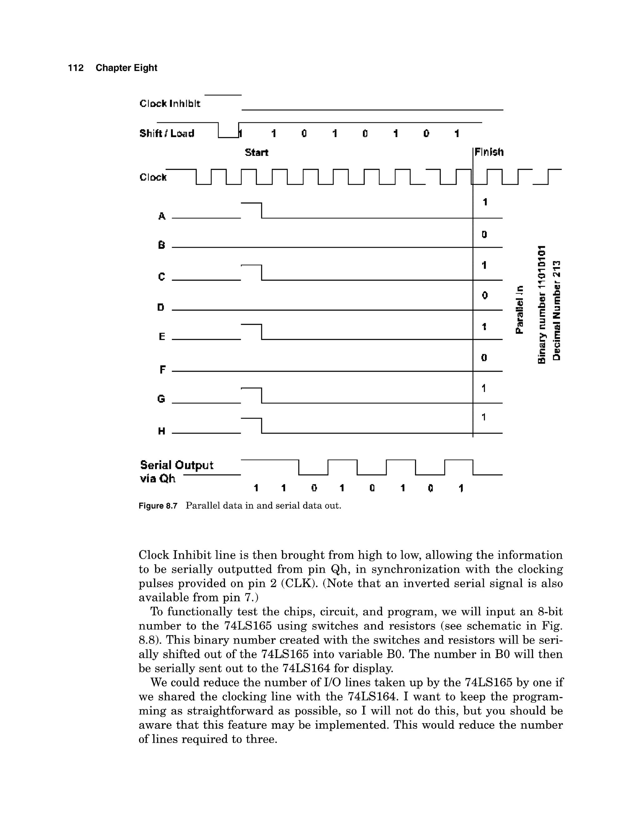 112 Chapter Eight
Serial Output
via Qh
1 1 I) 1 0 1 0 1
Figure 8.7 Parallel data in and serial data out.
Clock Inhibit line is then brought from high to low, allowing the information
to be serially outputted from pin Qh, in synchronization with the clocking
pulses provided on pin 2 (CLK). (Note that an inverted serial signal is also
available from pin 7.)
To functionally test the chips, circuit, and program, we will input an 8-bit
number to the 74LS165 using switches and resistors (see schematic in Fig.
8.8). This binary number created with the switches and resistors will be seri-
ally shifted out of the 74LS165 into variable BO. The number in B
O will then
be serially sent out to the 74LS164 for display.
We could reduce the number of 110 lines taken up by the 74LS165 by one if
we shared the clocking line with the 74LS164. I want to keep the program-
ming as straightforward as possible, so I will not do this, but you should be
aware that this feature may be implemented. This would reduce the number
of lines required to three.
 