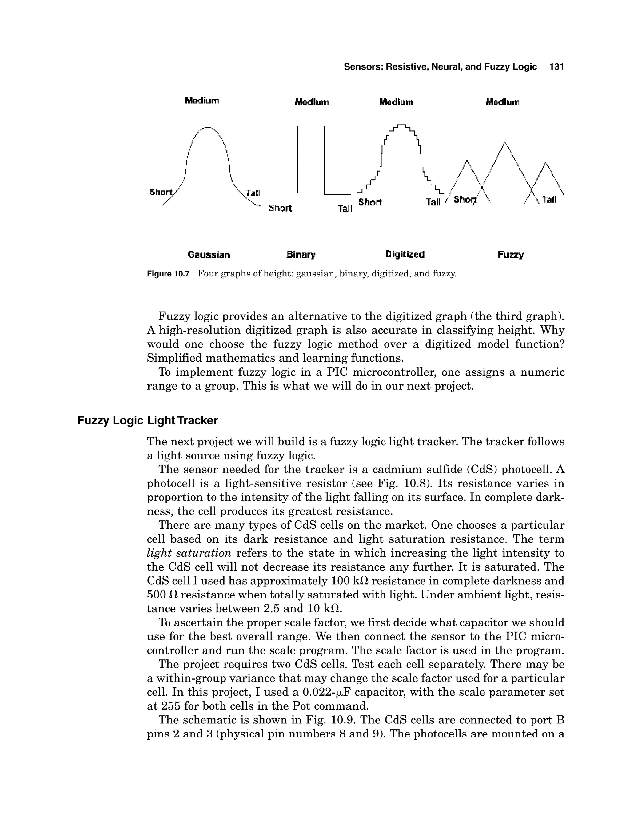 Sensors: Resistive, Neural,and Fuzzy Logic 131
Gaussian Binary Oigit~ed FUZZY
Figure 10.7 Four graphs of height: gaussian, binary, digitized, and fuzzy.
Fuzzy logic provides an alternative to the digitized graph (the third graph).
A high-resolution digitized graph is also accurate in classifying height. Why
would one choose the fuzzy logic method over a digitized model function?
Simplified mathematics and learning functions.
To implement fuzzy logic in a PIC microcontroller, one assigns a numeric
range to a group. This is what we will do in our next project.
Fuzzy Logic LightTracker
The next project we will build is a fuzzy logic light tracker. The tracker follows
a light source using fuzzy logic.
The sensor needed for the tracker is a cadmium sulfide (CdS) photocell. A
photocell is a light-sensitive resistor (see Fig. 10.8). Its resistance varies in
proportion to the intensity of the light falling on its surface. In complete dark-
ness, the cell produces its greatest resistance.
There are many types of CdS cells on the market. One chooses a particular
cell based on its dark resistance and light saturation resistance. The term
light saturation refers to the state in which increasing the light intensity to
the CdS cell will not decrease its resistance any further. It is saturated. The
CdS cell I used has approximately 100kfl resistance in complete darkness and
500 flresistance when totally saturated with light. Under ambient light, resis-
tance varies between 2.5 and 10 kfl.
To ascertain the proper scale factor,we first decidewhat capacitor we should
use for the best overall range. We then connect the sensor to the PIC micro-
controller and run the scale program. The scale factor is used in the program.
The project requires two CdS cells. Test each cell separately. There may be
a within-group variance that may change the scale factor used for a particular
cell. In this project, I used a 0.022-pF capacitor, with the scale parameter set
at 255 for both cells in the Pot command.
The schematic is shown in Fig. 10.9. The CdS cells are connected to port B
pins 2 and 3 (physical pin numbers 8 and 9). The photocells are mounted on a
 