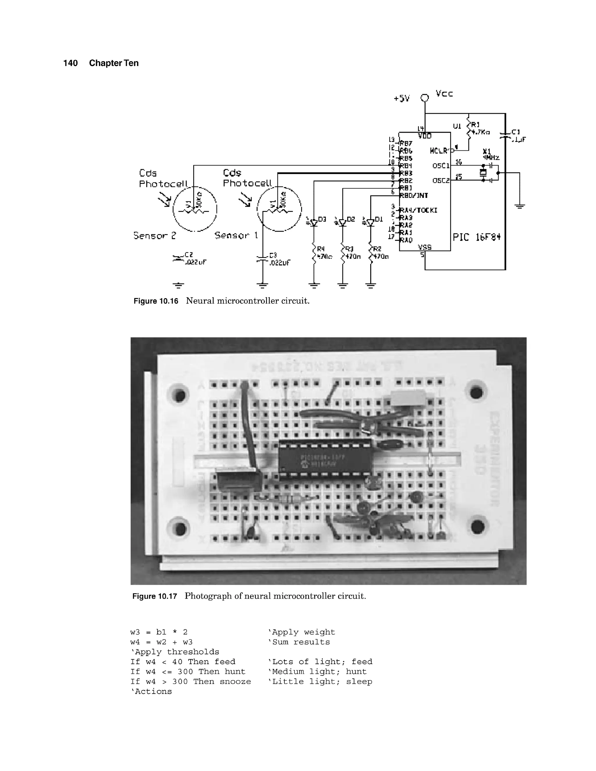 140 ChapterTen
-
PIC 16FW
-
1 z
-.W2uF
-
Figure 10.16 Neural microcontrollercircuit.
I
Figure 10.17 Photograph of neural microcontrollercircuit.
w3 = b1 * 2 'Apply weight
w4 = w2 + w
3 'Sum r e s u l t s
'Apply thresholds
If w4 < 4 0 Then feed 'Lots of l i g h t ; feed
If w4 <= 300 Then hunt 'Medium l i g h t ; hunt
If w4 > 300 Then snooze ' L i t t l e l i g h t ; sleep
'Actions
 