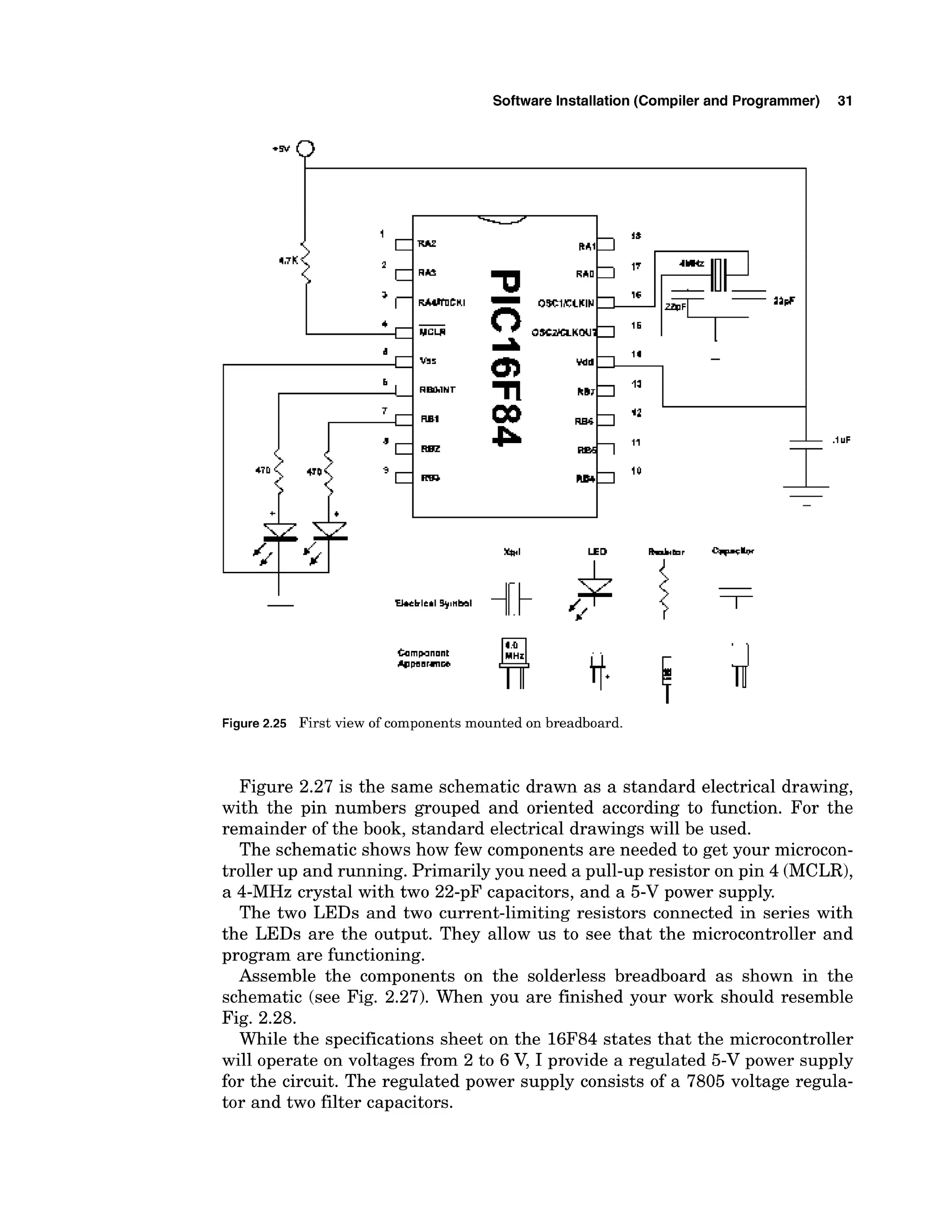 Software Installation (Compiler and Programmer) 31
Figure2.25 First view of components mounted on breadboard.
Figure 2.27 is the same schematic drawn as a standard electrical drawing,
with the pin numbers grouped and oriented according to function. For the
remainder of the book, standard electrical drawings will be used.
The schematic shows how few components are needed to get your microcon-
troller up and running. Primarily you need a pull-up resistor on pin 4 (MCLR),
a 4-MHz crystal with two 22-pF capacitors, and a 5-V power supply.
The two LEDs and two current-limiting resistors connected in series with
the LEDs are the output. They allow us to see that the microcontroller and
program are functioning.
Assemble the components on the solderless breadboard as shown in the
schematic (see Fig. 2.27). When you are finished your work should resemble
Fig. 2.28.
While the specifications sheet on the 16F84 states that the microcontroller
will operate on voltages from 2 to 6 V, I provide a regulated 5-V power supply
for the circuit. The regulated power supply consists of a 7805 voltage regula-
tor and two filter capacitors.
 