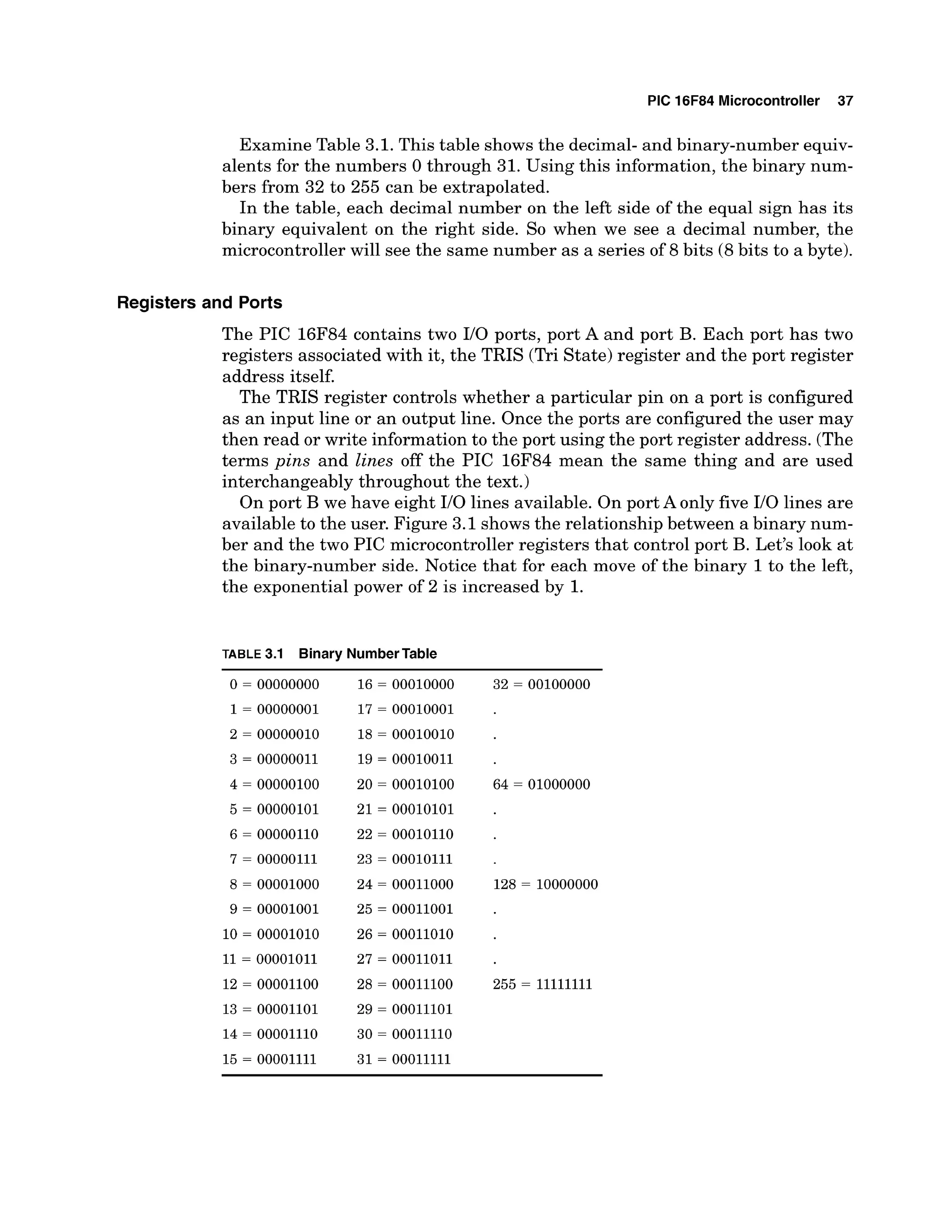 PIC 16F84 Microcontroller 37
Examine Table 3.1. This table shows the decimal-and binary-number equiv-
alents for the numbers 0through 31. Using this information, the binary num-
bers from 32 to 255 can be extrapolated.
In the table, each decimal number on the left side of the equal sign has its
binary equivalent on the right side. So when we see a decimal number, the
microcontrollerwill see the same number as a series of 8 bits (8bits to a byte).
Registers and Ports
The PIC 16F84 contains two I10 ports, port A and port B. Each port has two
registers associated with it, the TRIS (Tri State)register and the port register
address itself.
The TRIS register controls whether a particular pin on a port is configured
as an input line or an output line. Once the ports are configured the user may
then read or write information to the port using the port register address. (The
terms pins and lines off the PIC 16F84 mean the same thing and are used
interchangeably throughout the text.)
On port B we have eight I10 lines available. On port A only five I10 lines are
available to the user. Figure 3.1shows the relationship between a binary num-
ber and the two PIC microcontrollerregisters that control port B. Let's look at
the binary-number side. Notice that for each move of the binary 1to the left,
the exponential power of 2 is increased by 1.
TABLE 3.1 Binary NumberTable
 
