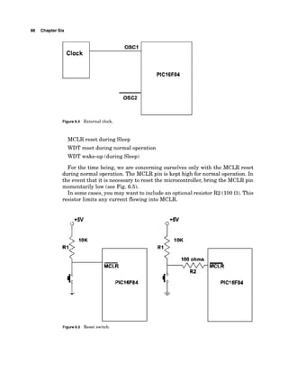 88 Chapter Six
Figure 6.4 External clock.
MCLR reset during Sleep
WDT reset during normal operation
WDT wake-up (during Sleep)
For the time being, we are concerning ourselves only with the MCLR reset
during normal operation. The MCLR pin is kept high for normal operation. In
the event that it is necessary to reset the microcontroller, bring the MCLR pin
momentarily low (see Fig. 6.5).
In some cases, you may want to include an optional resistor R2 (100 a).
This
resistor limits any current flowing into MCLR.
P'"
-
MCLR
PlCl8F84
Figure 6.5 Reset switch.
 