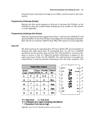 Serial Communicationand Creating I10 Lines 111
letting the byte information through to our LEDs, and then latch in the infor-
mation.
Programming Challenge (Simple)
Rewrite the first serial program so that pin 2 activates the CLR pin on the
74LS164 to clear the number before loading the next number in. The answer
is in the Appendix.
Programming Challenge (Not Simple)
Take the speech generator project from Chap. 7 and use the 74LS164 IC and
microcontrollerto save four I10 lines and supply the corresponding schematic.
Hint: You do not need the 74LS373chip. Why? The answer is in the Appendix.
Input I10
We shall continue by expanding four 110 lines off the PIC microcontroller to
function like eight input lines. To accomplish this, we will use a 74LS165
parallel-to-serial converter chip (see Fig. 8.6). The parallel-in, serial-out dia-
gram is shown in Fig. 8.7. Eight-bit parallel information is placed on the
eight input lines of the (A to H) 74LS165. The shift load line is brought low
momentarily to load the parallel information into the chip's registers. The
H = high level L low level
X irrelevant [any input including transitions)
=Transition from low to high
Figure8.6 Pinout for the 74LS165 parallel-in, serial-out chip.
-16
---- 1
-
SHJLD VEC
FUNCTION TABLE 1
-
 
