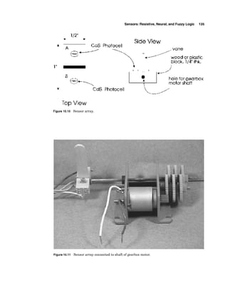 Sensors: Resistive, Neural,and Fuzzy Logic 135
1/2'
1" .
I
/
i
8 /.- -...
I-%+ /
b
--. kJ4---
holefar gearbox
',
motor shuH
'C CdS Photocell '4
//.#
'
----
Tap View
Figure 10.10 Sensor array.
Figure 10.11 Sensor array connected to shaft of gearbox motor.
 