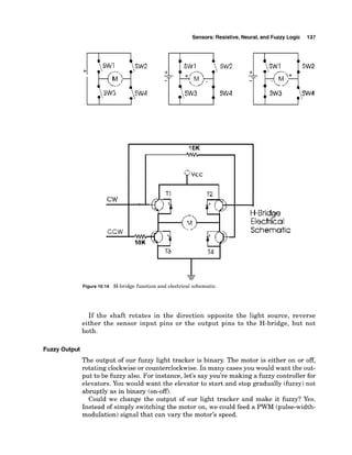 Sensors: Resistive, Neural,and Fuzzy Logic 137
CCW
.--.
T1 T2
/-
H-Bridge
-
{ v i
Electrical
.- 2
'
Schematic
Figure 10.14 H-bridge function and electrical schematic.
If the shaft rotates in the direction opposite the light source, reverse
either the sensor input pins or the output pins to the H-bridge, but not
both.
Fuzzy Output
The output of our fuzzy light tracker is binary. The motor is either on or off,
rotating clockwise or counterclockwise. In many cases you would want the out-
put to be fuzzy also. For instance, let's say you're making a fuzzy controller for
elevators. You would want the elevator to start and stop gradually (fuzzy)not
abruptly as in binary (on-om.
Could we change the output of our light tracker and make it fuzzy? Yes.
Instead of simply switching the motor on, we could feed a PWM (pulse-width-
modulation) signal that can vary the motor's speed.
 
