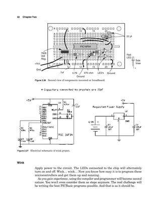 32 ChapterTwo
/
7805
Volt
Reg.
+vcc/
Gnd
O x 0 0
1
A 0 0
B O O
C O O
D O 0
.luf 4.7K / 470 ohm LED'S &und
Ground
Figure 2.26 Second view of components mounted on breadboard.
Red
Side
View
""P.
+5V
Rcgulatcd P 3 4 w Supply
I
-L
-
Figure 2.27 Electrical schematic of wink project.
Wink
Apply power to the circuit. The LEDs connected to the chip will alternately
turn on and off. Wink...wink...Now you know how easy it is to program these
microcontrollers and get them up and running.
As you gain experience,using the compiler and programmerwill become second
nature. You won't even consider them as steps anymore. The real challenge will
be writing the best PICBasic programs possible.And that is as it should be.
 