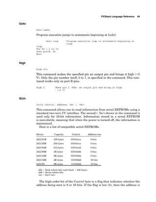 PlCBasic Language Reference 69
Goto Label
Program executionjumps to statements beginning at Label.
Goto loop 'Program execution jump to statements beginning at
'loop.
loop :
For bO = 1 to 10
Poke portB, bO
Next
High Pin
This command makes the specified pin an output pin and brings it high (+5
V). Only the pin number itself, 0 to 7, is specified in the command. This com-
mand works only on port B pins.
High 2 'Make pin 2 (RB2) an output pin and bring it high
' (+5 V)
I2cin Control, Address, Var (, Var)
This command allows one to read information from serial EEPROMs using a
standard two-wire 12Cinterface. The second (, Var) shown in the command is
used only for 16-bit information. Information stored in a serial EEPROM
is nonvolatile, meaning that when the power is turned off, the information is
maintained.
Here is a list of compatible serial EEPROMs.
Device Capacity Control Address size
24LC01B 128 bytes OlOlOxxx 8 bits
24LC02B 256 bytes OlOlOxxx 8 bits
24LC04B 512 bytes OlOlOxxb 8 bits
24LC08B 1Kbytes OlOlOxbb 8 bits
24LC16B 2K bytes OlOlObbb 8 bits
24LC32B 4K bytes llOlOddd 16bits
24LC65 8K bytes 11010ddd 16bits
bbb = block selects bits (each block = 256 bytes).
ddd = device selects bits.
xxx = don't care.
The high-order bit of the Control byte is a flag that indicates whether the
address being sent is 8 or 16 bits. If the flag is low (O),then the address is
 