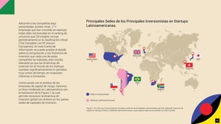 Adicional a las compañías aquí
presentadas, existen otras 679
empresas que han invertido en startups,
todas ellas reconocidas en el ranking de
unicornio que CB insights incluye
periódicamente en la clasiﬁcación oﬁcial
(The Complete List Of Unicorn
Companies). En esta fuente de
información se puede ampliar el detalle
sobre la composición y los históricos de
inversión que cada una de estas
compañías ha realizado, esto resulta
relevante ya que las dinámicas de
inversión en el mundo de los startups
cambian signiﬁcativamente en periodos
muy cortos de tiempo, en ocasiones
inferiores a trimestres.
Continuando con el análisis de las
empresas de capital de riesgo, haremos
un foco moderado en Latinoamérica con
la ilustración de la Figura 7, la cual
permite reconocer la dinámica de
inversión global con énfasis en los países
sedes de capitales de inversión.
Figura 7. En color azul se encuentran los países sede de las compañías inversionistas que han realizado inyección de
capital en startups ﬁntech y healthtec latinoamericanas, cuyos países sede se encuentran en color morado.
Estados Unidos
13
Reino Unido
2
Chile
1
Brasil
4
Sudáfrica
1
Hong Kong
1
Japón
1
Principales Sedes de los Principales Inversionistas en Startups
Latinoamericanas.
Startups Latinoamericanas
Sedes Inversionistas
30
 