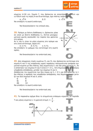 κεφάλαιο 2ο
ΕΠΑΝΑΛΗΠΤΙΚΑ ΘΕΜΑΤΑ 107
κύματος λ=16 cm. Σημείο Γ, που βρίσκεται σε αποστάσεις rΑ=24cm και
rΒ=20cm από τις πηγές Α και Β αντίστοιχα, έχει πλάτος ταλάντωσης:
α. 3 Α β. 0 γ. 2 Α
Να επιλέξετε τη σωστή απάντηση.
Να δικαιολογήσετε την επιλογή σας.
39. Πρίσμα με δείκτη διάθλασης n1 βρίσκεται μέσα
σε υλικό με δείκτη διάθλασης n2. Ακτίνα μονοχρω-
ματικού φωτός ακολουθεί την πορεία που φαίνεται
στο σχήμα.
Αν λ1 και λ2 είναι τα μήκη κύματος στο πρίσμα και
στο υλικό αντίστοιχα, ισχύει ότι:
α. λ1=λ2 β. λ1>λ2 γ. λ1<λ2
Να επιλέξετε το γράμμα που αντιστοιχεί στη σωστή
σχέση.
Να δικαιολογήσετε την απάντησή σας.
40. Δύο σύγχρονες πηγές κυμάτων Π1 και Π2 που βρίσκονται αντίστοιχα στα
σημεία Κ και Λ της επιφάνειας υγρού παράγουν πανομοιότυπα εγκάρσια αρ-
μονικά κύματα με ίδιο πλάτος, ίσες συχνότητες f1 και ίσα μήκη κύματος λ1. Αν
η απόσταση των σημείων Κ και Λ είναι d = 2 λ1, τότε δημιουργούνται τέσσερις
υπερβολές απόσβεσης, μεταξύ των σημείων Κ και Λ.
Αλλάζοντας την συχνότητα των δύο πηγών σε f2 = 3 f1 και διατηρώντας το ί-
διο πλάτος, ο αριθμός των υπερβολών απόσβεσης, που δημιουργούνται μετα-
ξύ των δύο σημείων Κ και Λ, είναι:
i) 6
ii) 8
iii) 12
Να επιλέξετε τη σωστή απάντηση
Να δικαιολογήσετε την απάντησή σας
41. Το παρακάτω σχήμα δίνει το στιγμιότυπο στάσιμου κύματος, με περίοδο
Τ και μήκος κύματος λ, τη χρονική στιγμή
T
t
8
 .
 