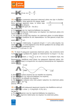 κεφάλαιο 2ο
ΕΠΑΝΑΛΗΠΤΙΚΑ ΘΕΜΑΤΑ116
Δίνονται: π=3,14 και
3 2
4 2

   .
14. Κατά μήκος ομογενούς γραμμικού ελαστικού μέσου που έχει τη διεύθυν-
ση του άξονα x, όπως φαίνεται στο σχήμα, διαδί-
δεται εγκάρσιο αρμονικό κύμα, το οποίο περι-
γράφεται από την εξίσωση:
y = 0,05 ημ2π (2t – 5x) (S.I.)
Να υπολογίσετε:
α. τη συχνότητα και την ταχύτητα διάδοσης του κύματος.
β. τη μέγιστη επιτάχυνση ταλάντωσης των σημείων του ελαστικού μέσου στο
οποίο διαδίδεται το κύμα.
γ. την απόσταση μεταξύ δύο σημείων του ελαστικού μέσου τα οποία βρίσκο-
νται στον θετικό ημιάξονα Οx και παρουσιάζουν την ίδια χρονική στιγμή δια-
φορά φάσης
5
rad
2

.
δ. την ταχύτητα ταλάντωσης, τη χρονική στιγμή t = 1,5 s ενός σημείου του
ελαστικού μέσου το οποίο βρίσκεται στον θετικό ημιάξονα Οx και απέχει από
την αρχή Ο (x=0) απόσταση 0,3 m.
Δίνονται: π = 3,14 και π2 ≈ 10.
15. To άκρο Ο γραμμικού ομογενούς ελαστικού μέσου, που εκτείνεται κατά
τη διεύθυνση του ημιάξονα Οx, αρχίζει να ταλαντώνεται τη στιγμή t = 0, σύμ-
φωνα με την εξίσωση y t
2

  (y σε cm, t σε s). Το εγκάρσιο κύμα, που
δημιουργείται, διαδίδεται κατά μήκος του γραμμικού ελαστικού μέσου. Κά-
ποια χρονική στιγμή το στιγμιότυπο του κύματος απεικονίζεται στο παρακάτω
σχήμα.
Α. Να βρείτε το μήκος κύματος και την περίοδο του κύματος.
Β. Να υπολογίσετε την ταχύτητα διάδοσης του κύματος.
Γ. Να γράψετε την εξίσωση του κύματος.
Δ. Να βρείτε την ενέργεια ενός πολύ μικρού τμήματος του ελαστικού μέσου
μάζας Δm = 8 · 10−3 kg.
Δίνεται: π2 ≈ 10 .
16. Η εξίσωση ενός γραμμικού αρμονικού κύματος που διαδίδεται κατά μή-
κος του άξονα x΄x είναι: y 0,4 2 (2t 0,5x)    (S.I.)
Να βρείτε:
α. Το μήκος κύματος λ και την ταχύτητα διάδοσης του κύματος υ.
β. Τη μέγιστη ταχύτητα ταλάντωσης των σημείων του ελαστικού μέσου.
 