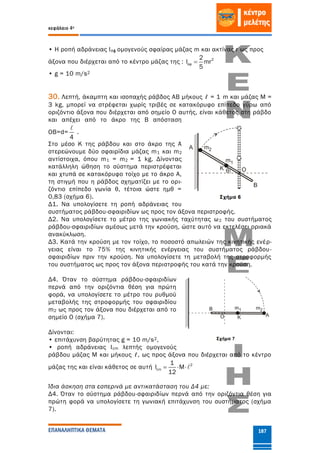 κεφάλαιο 4ο
ΕΠΑΝΑΛΗΠΤΙΚΑ ΘΕΜΑΤΑ 187
• Η ροπή αδράνειας Ισϕ ομογενούς σφαίρας μάζας m και ακτίνας r ως προς
άξονα που διέρχεται από το κέντρο μάζας της : 2
σφ
2
I mr
5

• g = 10 m/s2
30. Λεπτή, άκαμπτη και ισοπαχής ράβδος ΑΒ μήκους ℓ = 1 m και μάζας Μ =
3 kg, μπορεί να στρέφεται χωρίς τριβές σε κατακόρυφο επίπεδο γύρω από
οριζόντιο άξονα που διέρχεται από σημείο Ο αυτής, είναι κάθετος στη ράβδο
και απέχει από το άκρο της Β απόσταση
OB=d=
4
.
Στο μέσο Κ της ράβδου και στο άκρο της Α
στερεώνουμε δύο σφαιρίδια μάζας m1 και m2
αντίστοιχα, όπου m1 = m2 = 1 kg. Δίνοντας
κατάλληλη ώθηση το σύστημα περιστρέφεται
και χτυπά σε κατακόρυφο τοίχο με το άκρο Α,
τη στιγμή που η ράβδος σχηματίζει με το ορι-
ζόντιο επίπεδο γωνία θ, τέτοια ώστε ημθ =
0,83 (σχήμα 6).
Δ1. Να υπολογίσετε τη ροπή αδράνειας του
συστήματος ράβδου-σφαιριδίων ως προς τον άξονα περιστροφής.
Δ2. Να υπολογίσετε το μέτρο της γωνιακής ταχύτητας ω2 του συστήματος
ράβδου-σφαιριδίων αμέσως μετά την κρούση, ώστε αυτό να εκτελέσει οριακά
ανακύκλωση.
Δ3. Κατά την κρούση με τον τοίχο, το ποσοστό απωλειών της κινητικής ενέρ-
γειας είναι το 75% της κινητικής ενέργειας του συστήματος ράβδου-
σφαιριδίων πριν την κρούση. Να υπολογίσετε τη μεταβολή της στροφορμής
του συστήματος ως προς τον άξονα περιστροφής του κατά την κρούση.
Δ4. Όταν το σύστημα ράβδου-σφαιριδίων
περνά από την οριζόντια θέση για πρώτη
φορά, να υπολογίσετε το μέτρο του ρυθμού
μεταβολής της στροφορμής του σφαιριδίου
m2 ως προς τον άξονα που διέρχεται από το
σημείο Ο (σχήμα 7).
Δίνονται:
• επιτάχυνση βαρύτητας g = 10 m/s2,
• ροπή αδράνειας Icm λεπτής ομογενούς
ράβδου μάζας Μ και μήκους ℓ, ως προς άξονα που διέρχεται από το κέντρο
μάζας της και είναι κάθετος σε αυτή 2
cm
1
Ι M
12
  
Ίδια άσκηση στα εσπερινά με αντικατάσταση του Δ4 με:
Δ4. Όταν το σύστημα ράβδου-σφαιριδίων περνά από την οριζόντια θέση για
πρώτη φορά να υπολογίσετε τη γωνιακή επιτάχυνση του συστήματος (σχήμα
7).
 