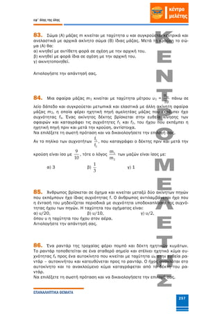 εφ' όλης της ύλης
ΕΠΑΝΑΛΗΠΤΙΚΑ ΘΕΜΑΤΑ
257
83. Σώμα (Α) μάζας m κινείται με ταχύτητα υ και συγκρούεται κεντρικά και
ανελαστικά με αρχικά ακίνητο σώμα (Β) ίδιας μάζας. Μετά τη κρούση το σώ-
μα (Α) θα:
α) κινηθεί με αντίθετη φορά σε σχέση με την αρχική του.
β) κινηθεί με φορά ίδια σε σχέση με την αρχική του.
γ) ακινητοποιηθεί.
Αιτιολογήστε την απάντησή σας.
84. Μια σφαίρα μάζας m1 κινείται με ταχύτητα μέτρου υ1 = ηχ
10
υ
πάνω σε
λείο δάπεδο και συγκρούεται μετωπικά και ελαστικά με άλλη ακίνητη σφαίρα
μάζας m2, η οποία φέρει ηχητική πηγή αμελητέας μάζας που εκπέμπει ήχο
συχνότητας fs. Ένας ακίνητος δέκτης βρίσκεται στην ευθεία κίνησης των
σφαιρών και καταγράφει τις συχνότητες f1 και f2, του ήχου που εκπέμπει η
ηχητική πηγή πριν και μετά την κρούση, αντίστοιχα.
Να επιλέξετε τη σωστή πρόταση και να δικαιολογήσετε την επιλογή σας.
Αν το πηλίκο των συχνοτήτων 1
2
f
f
, που καταγράφει ο δέκτης πριν και μετά την
κρούση είναι ίσο με
9
10
, τότε ο λόγος 1
2
m
m
των μαζών είναι ίσος με:
α) 3 β)
1
3
γ) 1
85. Άνθρωπος βρίσκεται σε όχημα και κινείται μεταξύ δύο ακίνητων πηγών
που εκπέμπουν ήχο ίδιας συχνότητας f. Ο άνθρωπος αντιλαμβάνεται ήχο που
η έντασή του μηδενίζεται περιοδικά με συχνότητα υποδεκαπλάσια της συχνό-
τητας ήχου των πηγών. Η ταχύτητα του οχήματος είναι:
α) υ/20, β) υ/10, γ) υ/2,
όπου υ η ταχύτητα του ήχου στον αέρα.
Αιτιολογήστε την απάντησή σας.
86. Ένα ραντάρ της τροχαίας φέρει πομπό και δέκτη ηχητικών κυμάτων.
Το ραντάρ τοποθετείται σε ένα σταθερό σημείο και στέλνει ηχητικό κύμα συ-
χνότητας fs προς ένα αυτοκίνητο που κινείται με ταχύτητα υΑ στην ευθεία ρα-
ντάρ – αυτοκινήτου και κατευθύνεται προς το ραντάρ. Ο ήχος ανακλάται στο
αυτοκίνητο και το ανακλούμενο κύμα καταγράφεται από το δέκτη του ρα-
ντάρ.
Να επιλέξετε τη σωστή πρόταση και να δικαιολογήσετε την επιλογή σας.
 