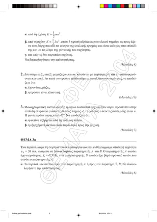 ÏÅÖÅ
ÈÅÌÁÔÁ
2004
ÊÑÉÔÇÑÉÁ ÁÎÉÏËÏÃÇÓÇÓ 3
Å Ê Ä Ï Ô É Ê Ï Ó Ï Ì É Ë Ï Ó Ó Õ Ã Ã Ñ Á Ö Å Ù Í Ê Á È Ç Ã Ç Ô Ù Í
á. áðü ôç ó÷Ýóç

= 2
K mõ .
â. áðü ôç ó÷Ýóç

= 2
K Éù , üðïõ É ç ñïðÞ áäñÜíåéáò ôïõ õëéêïý óçìåßïõ ùò ðñïò Üîï-
íá ðïõ äéÝñ÷åôáé áðü ôï êÝíôñï ôçò êõêëéêÞò ôñï÷éÜò êáé åßíáé êÜèåñïò óôï åðßðåäü
ôçò êáé ù ôï ìÝôñï ôçò ãùíéáêÞò ôïõ ôá÷ýôçôáò.
ã. êáé áðü ôéò äýï ðáñáðÜíù ó÷Ýóåéò.
Íá äéêáéïëïãÞóåôå ôçí áðÜíôçóÞ óáò.
(ÌïíÜäåò 8)
2. Äýï óþìáôáÓ1 êáé Ó2 ìå ìÜæåòm1 êáém2 êéíïýíôáé ìå ôá÷ýôçôåò 1õ
H
êáé 2õ
H
êáé óõãêñïý-
ïíôáé êåíôñéêÜ. Áí êáôÜ ôçí êñïýóç ôá äýï óþìáôá áíôáëëÜóóïõí ôá÷ýôçôåò, íá áðïäåß-
îåôå üôé:
á. Ý÷ïõí ßóåò ìÜæåò.
â. ç êñïýóç åßíáé åëáóôéêÞ.
(ÌïíÜäåò 10)
3. Ìïíï÷ñùìáôéêÞ áêôßíá öùôüò, ç ïðïßá äéáäßäåôáé áñ÷éêÜ óôïí áÝñá, ðñïóðßðôåé óôçí
åðßðåäç åðéöÜíåéá ãõÜëéíçò ðëÜêáò ðÜ÷ïõò d, ôçò ïðïßáò ï äåßêôçò äéÜèëáóçò åßíáé n.
Ç ãùíßá ðñüóðôùóçò åßíáé 45ï
. Íá áðïäåßîåôå üôé:
á. ç áêôßíá åîÝñ÷åôáé áðü ôç ãõÜëéíç ðëÜêá.
â. ç åîåñ÷üìåíç áêôßíá åßíáé ðáñÜëëçëç ðñïò ôçí áñ÷éêÞ.
(ÌïíÜäåò 7)
ÈÅÌÁ 3ï
¸íá ðåñéðïëéêü ìå ôç óåéñÞíá ôïõ óå ëåéôïõñãßá êéíåßôáé åõèýãñáììá ìå óôáèåñÞ ôá÷ýôçôá
Sõ = 20 m/s, áíÜìåóá óå äýï áêßíçôïõò ðáñáôçñçôÝò Á êáé Â. Ï ðáñáôçñçôÞò Á áêïýåé
Þ÷ï óõ÷íüôçôáò fA= 425 Hz, åíþ ï ðáñáôçñçôÞò Â áêïýåé Þ÷ï âáñýôåñï áðü áõôüí ðïõ
áêïýåé ï ðáñáôçñçôÞò Á.
á. Ôï ðåñéðïëéêü êéíåßôáé ðñïò ôïí ðáñáôçñçôÞ Á Þ ðñïò ôïí ðáñáôçñçôÞ Â; Íá äéêáéï-
ëïãÞóåôå ôçí áðÜíôçóÞ óáò.
(ÌïíÜäåò 8)
kritiria gia frodistiria.pm6 6/4/2004, 3:51 ìì3
 