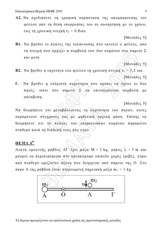 OEΦE
ΘEM
ATA
2005
Επαναληπτικά Θέµατα ΟΕΦΕ 2005
Τα θέµατα προορίζονται για αποκλειστική χρήση της φροντιστηριακής µονάδας
6
A2. Να σχεδιάσετε τη γραφική παράσταση της αποµάκρυνσης του
φελλού από τη θέση ισορροπίας του σε συνάρτηση µε το χρόνο,
έως τη χρονική στιγµή t2 = 0,8sec
[Μονάδες 5]
Β1. Να βρεθεί το πλάτος της ταλάντωσης που εκτελεί ο φελλός, από
τη στιγµή που αρχίζει η συµβολή των δυο κυµάτων στο σηµείο Σ
και µετά.
[Μονάδες 5]
Β2. Να βρεθεί η ταχύτητα του φελλού τη χρονική στιγµή t3 = 1,2 sec.
[Μονάδες 5]
Γ. Να βρεθεί η ελάχιστη συχνότητα που πρέπει να έχουν οι δυο
πηγές, ώστε στο σηµείο Σ να επιτυγχάνεται συµβολή µε
απόσβεση.
[Μονάδες 5]
Να θεωρήσετε ότι µεταβάλλοντας τη συχνότητα των πηγών, αυτές
παραµένουν σύγχρονες και µε µηδενική αρχική φάση. Επίσης να
θεωρήσετε ότι το πλάτος των επιφανειακών κυµάτων παραµένει
σταθερό κατά τη διάδοσή τους στο υγρό.
ΘΕΜΑ 4Ο
Λεπτή οµογενής ράβδος ΑΓ έχει µάζα Μ = 2 kg, µήκος L = 3 m και
µπορεί να περιστρέφεται στο κατακόρυφο επίπεδο χωρίς τριβές, γύρω
από σταθερό οριζόντιο άξονα που διέρχεται από σηµείο της Ο. Στο
άκρο Α της ράβδου είναι στερεωµένη σηµειακή µάζα m1 = 1 kg.
Ο
m1 υ
Λ
m2
A Γ
 