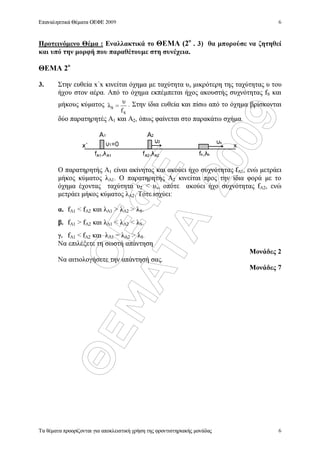 ÏÅÖÅ
ÈÅÌÁÔÁ
2009
Επαναληπτικά Θέµατα ΟΕΦΕ 2009
Τα θέµατα προορίζονται για αποκλειστική χρήση της φροντιστηριακής µονάδας
6
6
Προτεινόµενο Θέµα : Εναλλακτικά το ΘΕΜΑ (2ο
. 3) θα µπορούσε να ζητηθεί
και υπό την µορφή που παραθέτουµε στη συνέχεια.
ΘΕΜΑ 2ο
3. Στην ευθεία x΄x κινείται όχηµα µε ταχύτητα υs µικρότερη της ταχύτητας υ του
ήχου στον αέρα. Από το όχηµα εκπέµπεται ήχος ακουστής συχνότητας fS και
µήκους κύµατος
S
S
f
υ
λ = . Στην ίδια ευθεία και πίσω από το όχηµα βρίσκονται
δύο παρατηρητές Α1 και Α2, όπως φαίνεται στο παρακάτω σχήµα.
Ο παρατηρητής Α1 είναι ακίνητος και ακούει ήχο συχνότητας fA1, ενώ µετράει
µήκος κύµατος λΑ1. Ο παρατηρητής Α2 κινείται προς την ίδια φορά µε το
όχηµα έχοντας ταχύτητα υ2  υs, οπότε ακούει ήχο συχνότητας fA2, ενώ
µετράει µήκος κύµατος λΑ2. Τότε ισχύει:
α. fA1  fA2 και λΑ1  λΑ2  λS.
β. fA1  fA2 και λΑ1  λΑ2  λS.
γ. fA1  fA2 και λΑ1 = λΑ2  λS.
Να επιλέξετε τη σωστή απάντηση
Μονάδες 2
Να αιτιολογήσετε την απάντησή σας.
Μονάδες 7
s2
1
A
=0
1
fs sff
A
x
2
A1 A2 A2A1
 