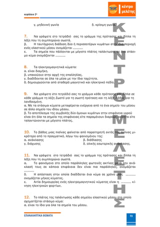 κεφάλαιο 2ο
ΕΠΑΝΑΛΗΠΤΙΚΑ ΘΕΜΑΤΑ 73
γ. μηδενική γωνία δ. κρίσιμη γωνία.
7. Να γράψετε στο τετράδιό σας το γράμμα της πρότασης και δίπλα τη
λέξη που τη συμπληρώνει σωστά.
β. Η ταυτόχρονη διάδοση δύο ή περισσοτέρων κυμάτων στην ίδια περιοχή
ενός ελαστικού μέσου ονομάζεται ...........
ε. Τα σημεία που πάλλονται με μέγιστο πλάτος ταλάντωσης σε ένα στάσι-
μο κύμα ονομάζονται ...........
8. Τα ηλεκτρομαγνητικά κύματα:
α. είναι διαμήκη.
β. υπακούουν στην αρχή της επαλληλίας.
γ. διαδίδονται σε όλα τα μέσα µε την ίδια ταχύτητα.
δ. δημιουργούνται από σταθερό μαγνητικό και ηλεκτρικό πεδίο.
9. Να γράψετε στο τετράδιό σας το γράμμα κάθε πρότασης και δίπλα σε
κάθε γράμμα τη λέξη Σωστό για τη σωστή πρόταση και τη λέξη Λάθος για τη
λανθασμένη.
α. Με τα στάσιµα κύµατα µεταφέρεται ενέργεια από το ένα σηµείο του µέσου
σε άλλο σηµείο του ιδίου µέσου.
β. Το αποτέλεσµα της συµβολής δύο όµοιων κυµάτων στην επιφάνεια υγρού
είναι ότι όλα τα σηµεία της επιφάνειας είτε παραµένουν διαρκώς ακίνητα είτε
ταλαντώνονται µε µέγιστο πλάτος.
10. Το βάθος μιας πισίνας φαίνεται από παρατηρητή εκτός της πισίνας μι-
κρότερο από το πραγματικό, λόγω του φαινομένου της:
α. ανάκλασης β. διάθλασης
γ. διάχυσης δ. ολικής εσωτερικής ανάκλασης.
11. Να γράψετε στο τετράδιό σας το γράμμα της πρότασης και δίπλα τη
λέξη που τη συμπληρώνει σωστά.
α. Το φαινόμενο στο οποίο παράλληλες φωτεινές ακτίνες μετά την ανά-
κλασή τους σε κάποια επιφάνεια δεν είναι πια παράλληλες, ονομάζεται
...........
δ. Η απόσταση στην οποία διαδίδεται ένα κύμα σε χρόνο μιας ...........
ονομάζεται μήκος κύματος.
ε. Αιτία δημιουργίας ενός ηλεκτρομαγνητικού κύματος είναι η ........... κί-
νηση ηλεκτρικών φορτίων.
12. Το πλάτος της ταλάντωσης κάθε σηµείου ελαστικού µέσου στο οποίο
σχηµατίζεται στάσιµο κύµα:
α. είναι το ίδιο για όλα τα σηµεία του µέσου.
 